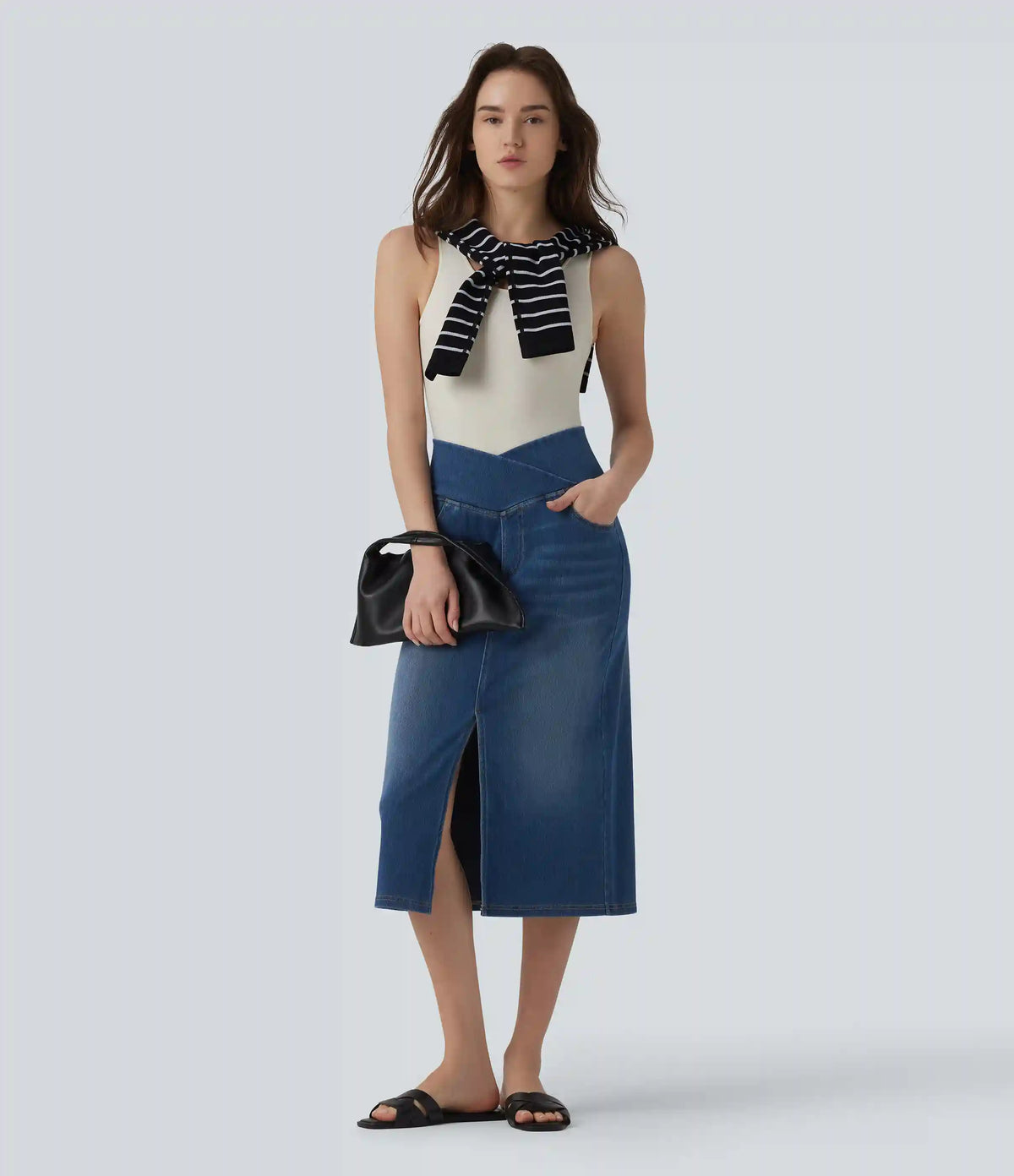 Halara Flex™ Asymmetric High Waisted Tummy Control Split Denim Casual Straight Skirt with Pockets