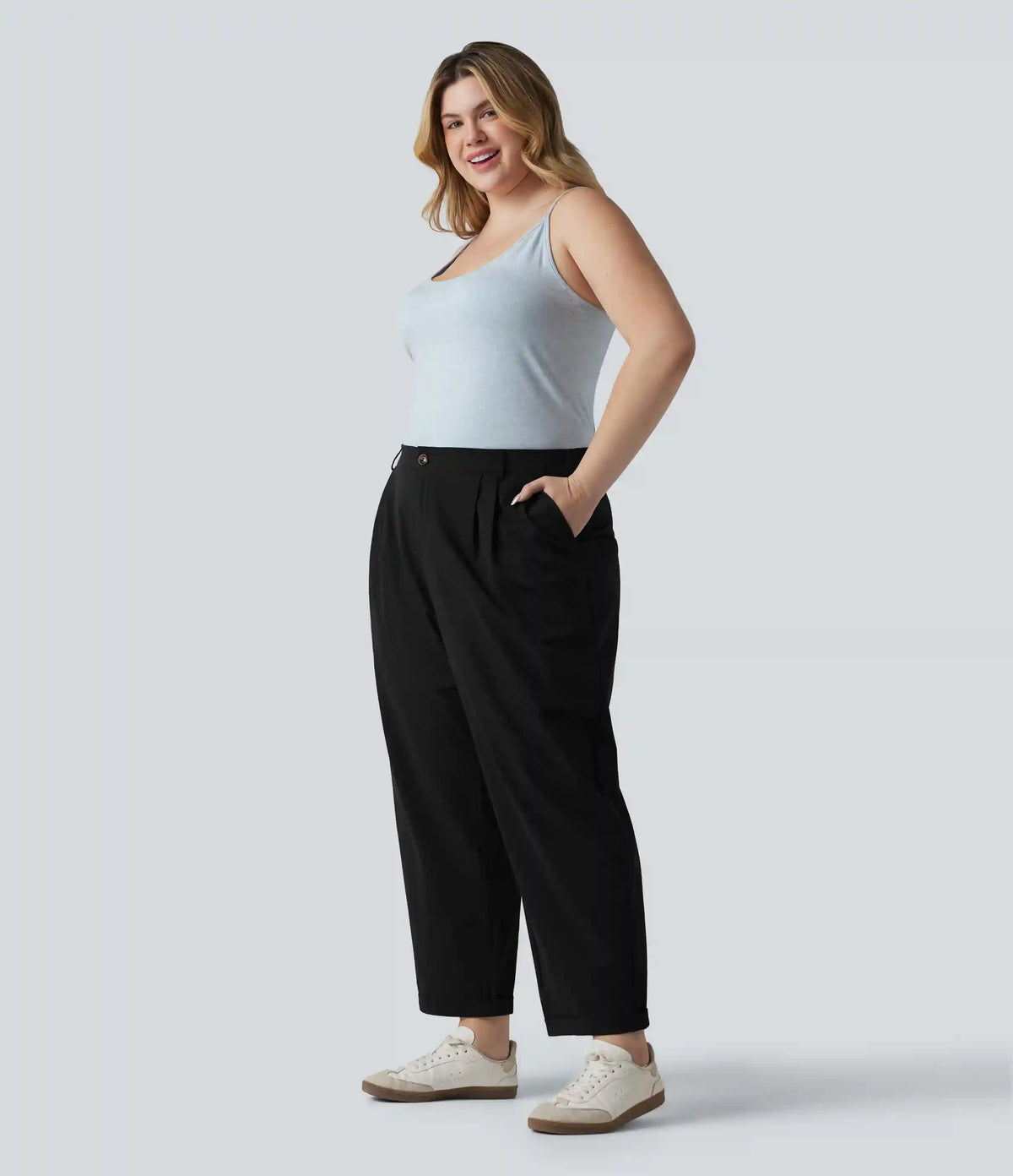 High Waisted Pleated Rolled Hem 7/8 Stretchy Poplin Casual Plus Size Tapered Pants with Pockets