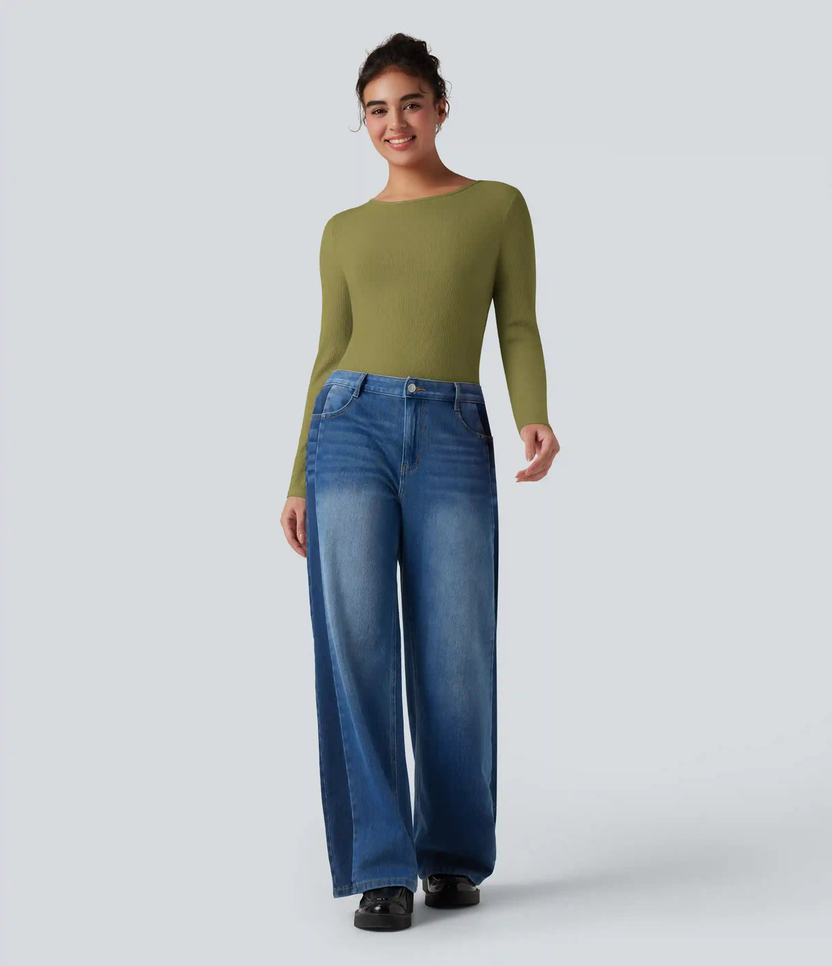 Ribbed Knit Round Neck Flounce Long Sleeve Casual Top