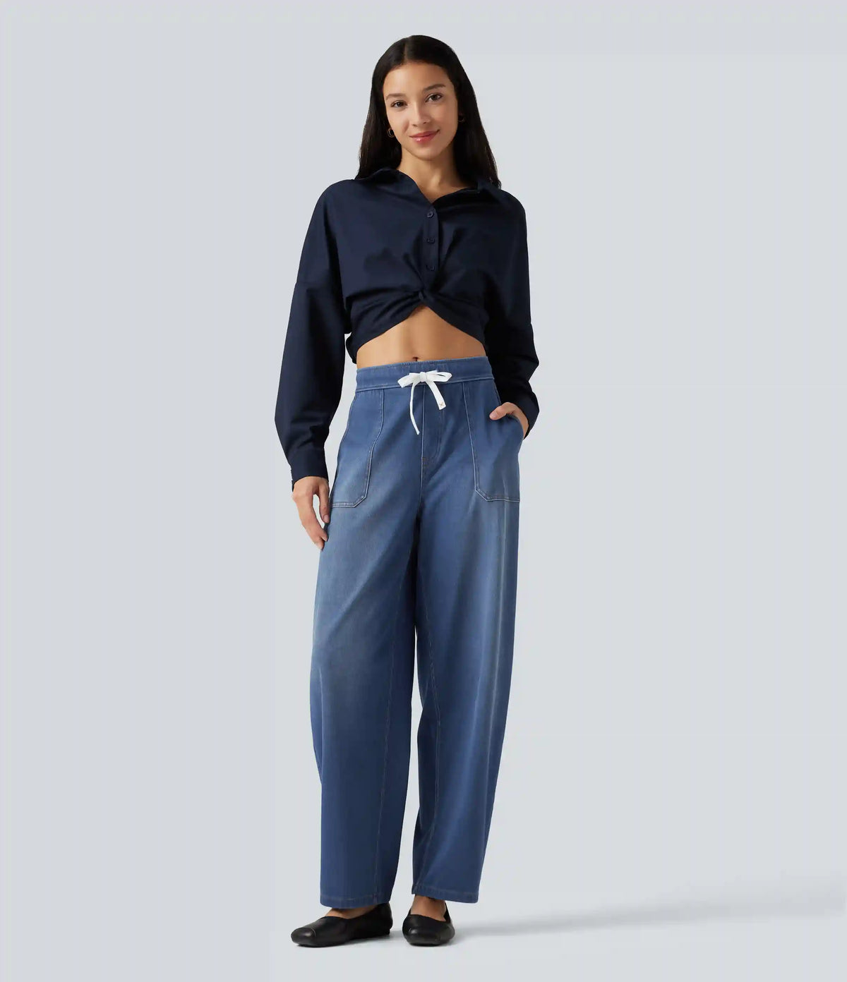 Halara Flex™ Mid Rise Drawstring Barrel Leg Casual Jeans with Pockets