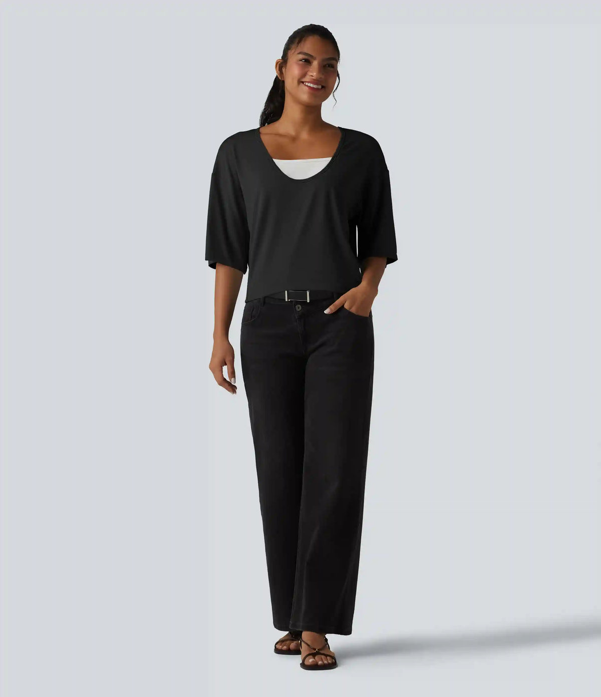 Scoop Neck Half Sleeve Color Block Casual Top