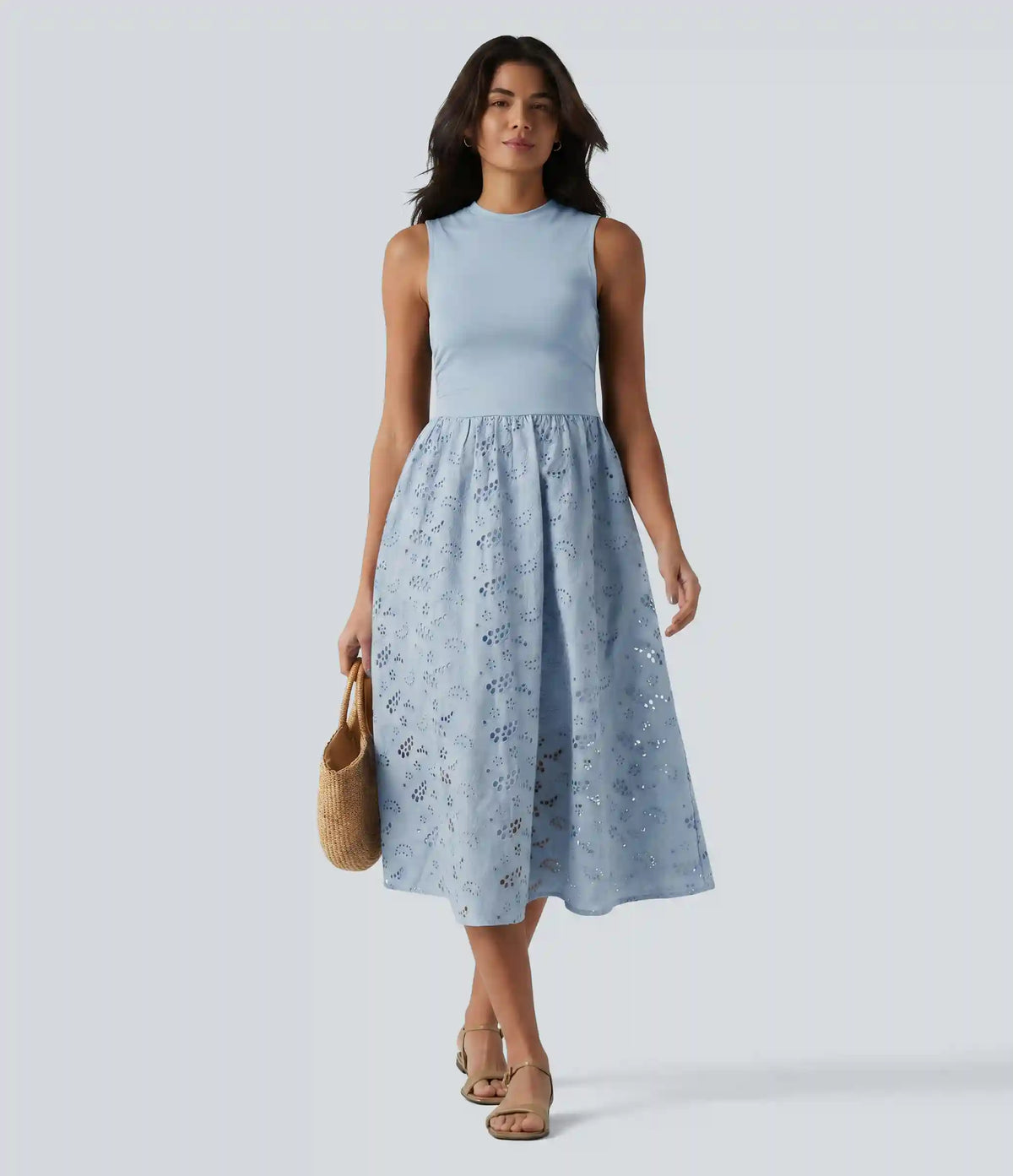 Round Neck Sleeveless Midi Embroidery Eyelet Resort Dress with Pockets