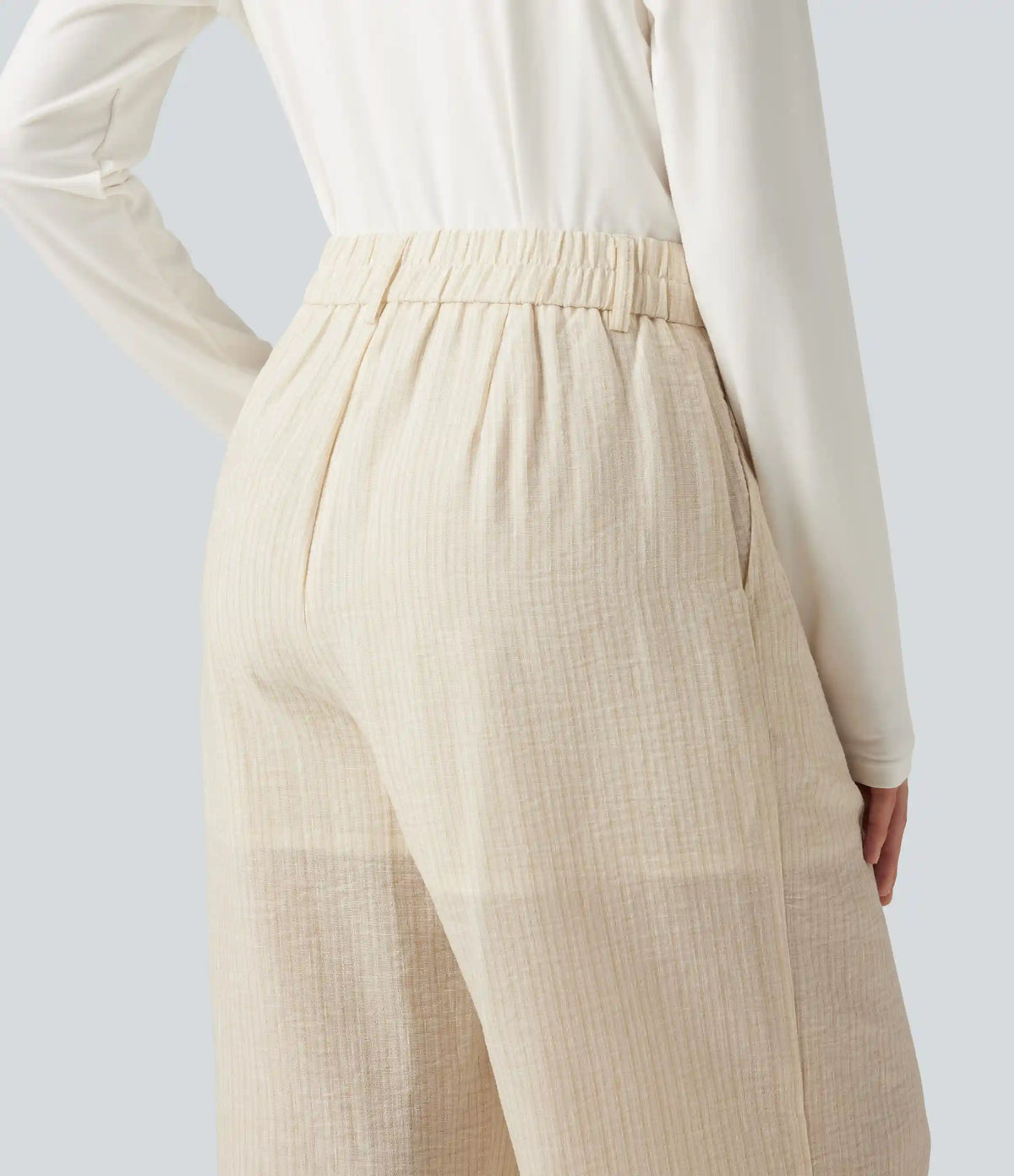High Waisted Baggy Stripe Casual Linen-Feel Pants with Pockets