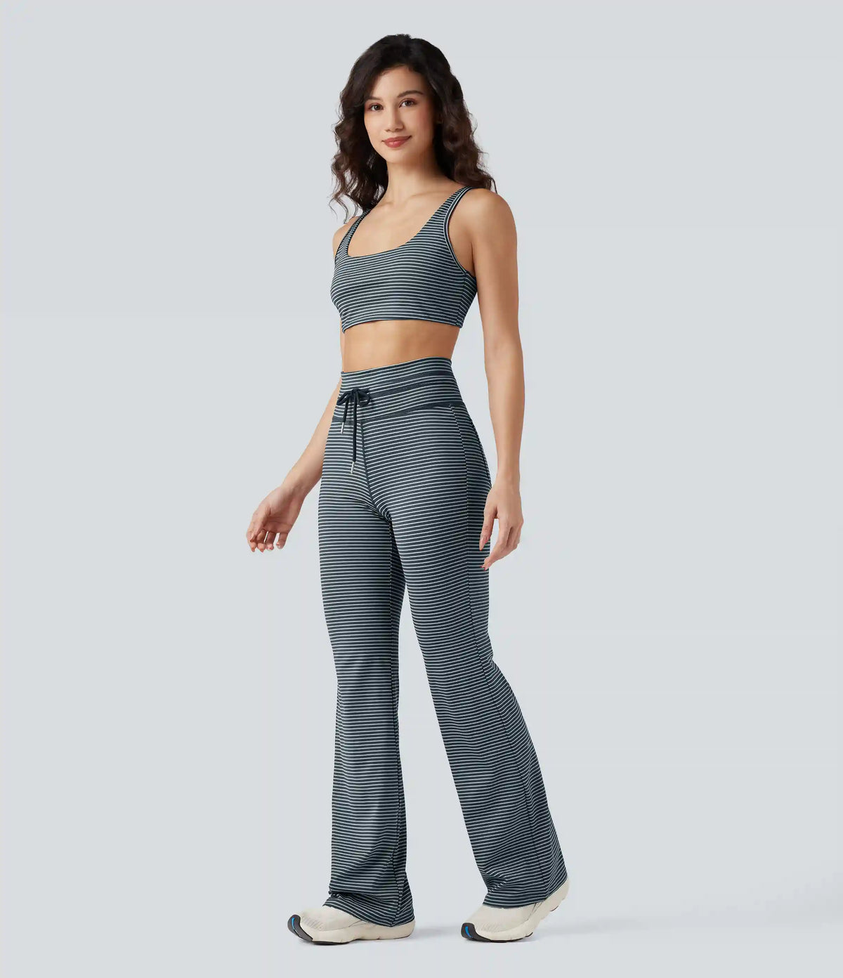 High Waisted Drawstring Stripe Flare Yoga Pants with Pockets