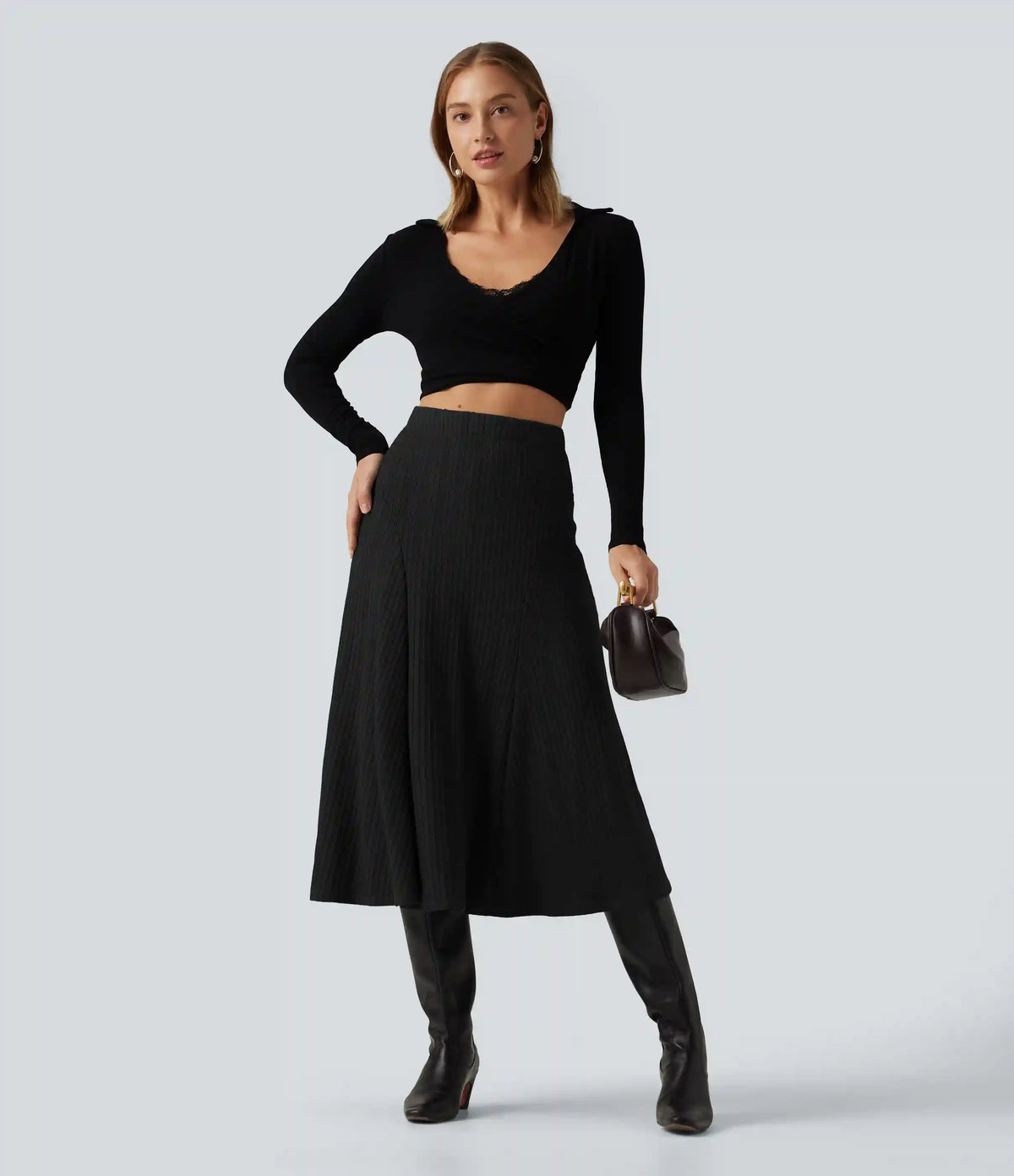 Cable Knit High Waisted A Line Party Midi Skirt