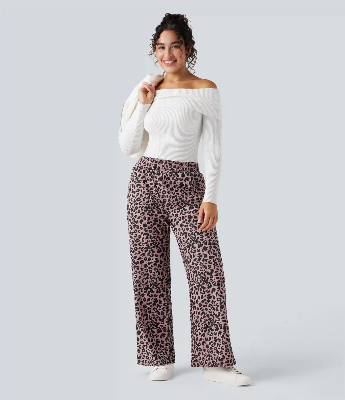 High Waisted Leopard Print Corduroy Casual Baggy Pants with Pockets