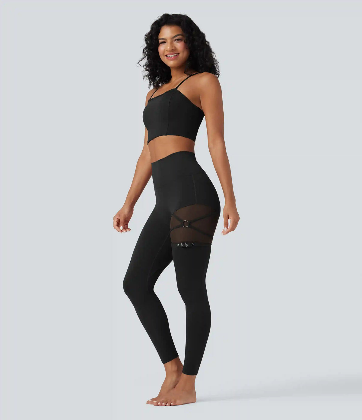 SoftlyZero™ High Waisted Contrast Mesh Adjustable Buckle Dance Leggings with Pocket
