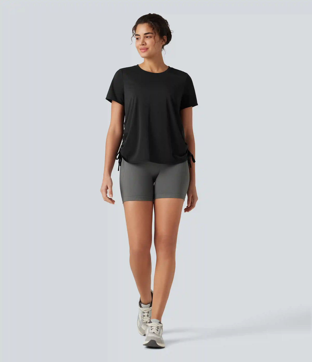 Round Neck Short Sleeve Drawstring Hem InstantCool Quick Dry Workout Sports Top