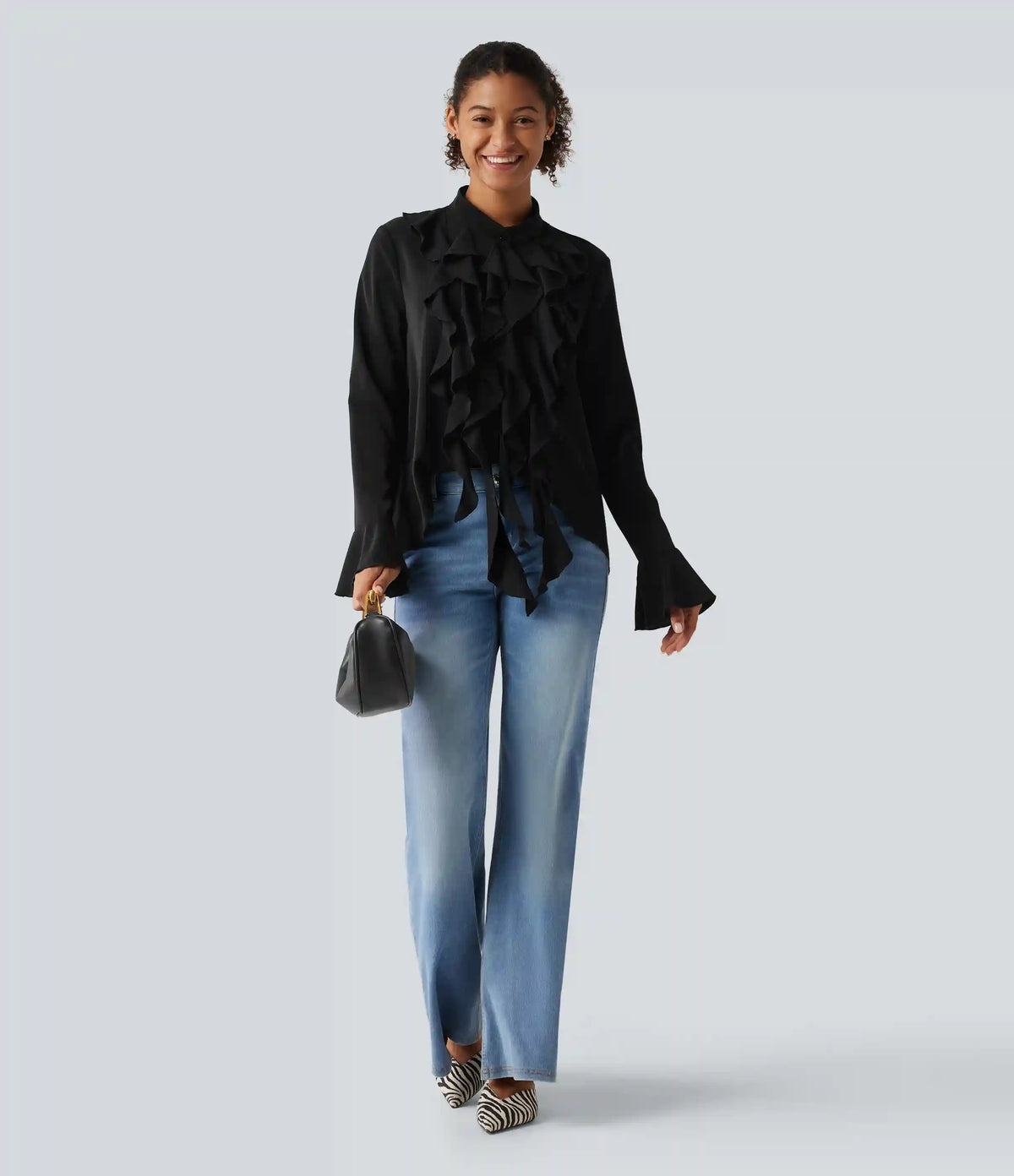 Wrinkle Recovery Stand Collar Ruffle Long Sleeve Party Shirt