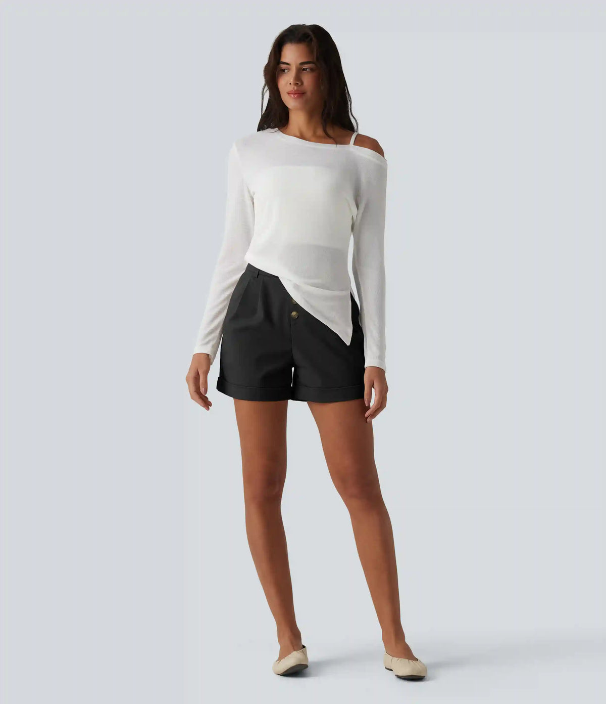 Mid Rise Rolled Hem Casual Chino Cotton Baggy Shorts with Pockets