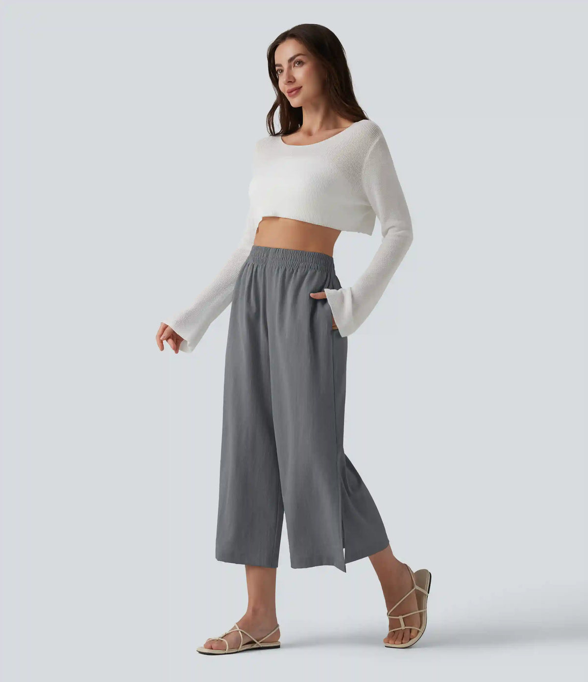 High Waisted Split Linen-Feel Casual Cropped Baggy Pants with Pockets