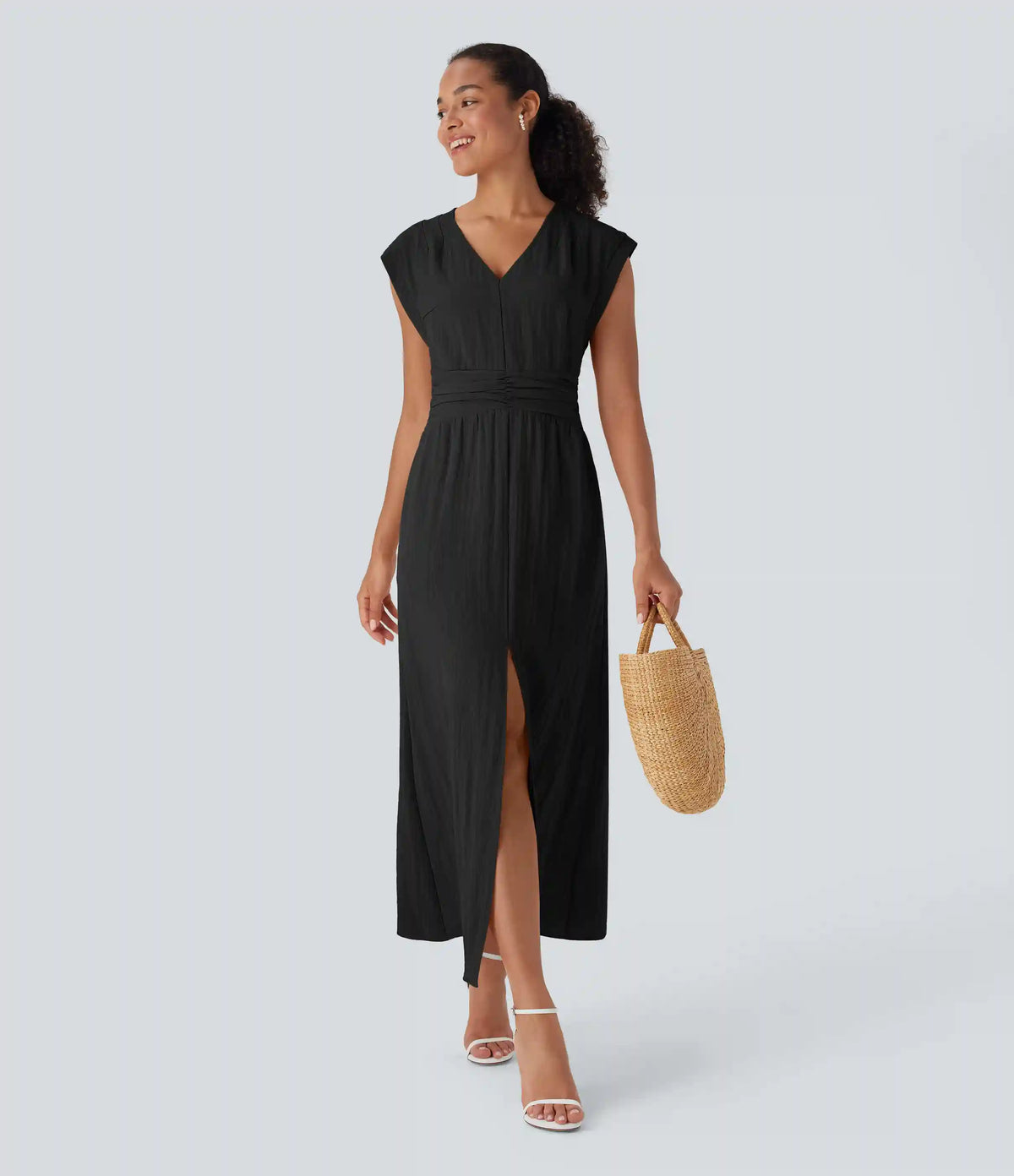 Deep V Neck Cap Sleeve Ruched Maxi Linen-Feel Dress with Pockets