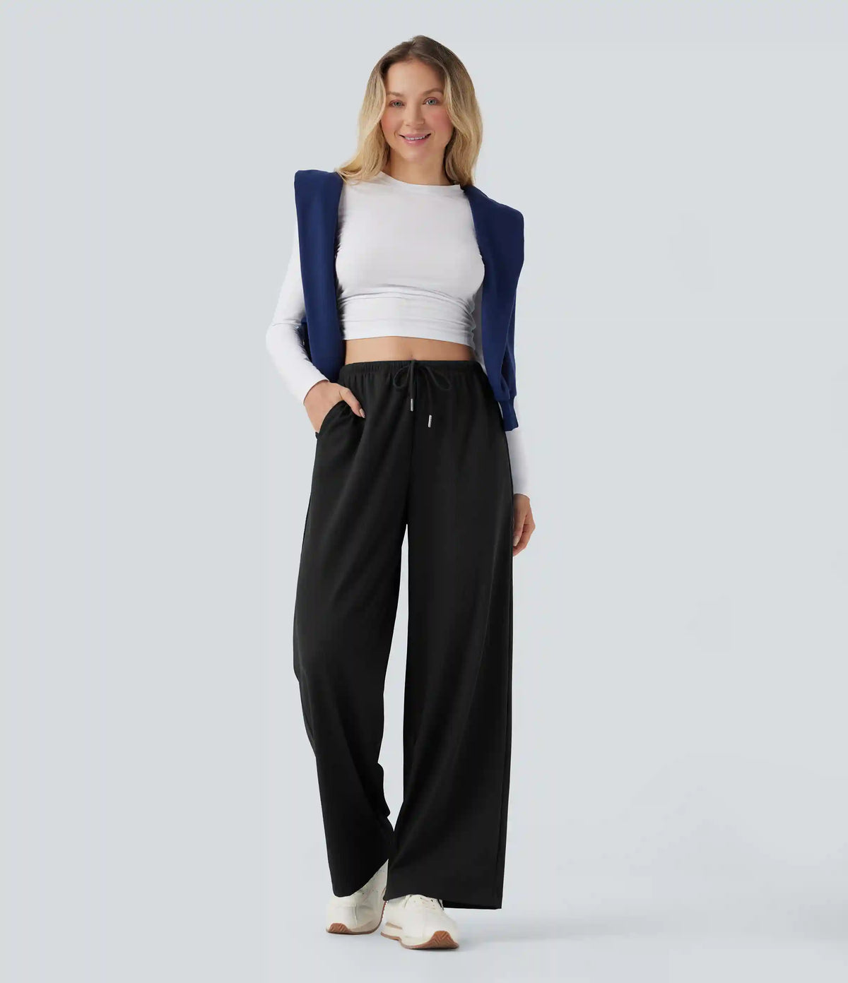 Mid Rise Drawstring Straight Leg Waffle Knit Yoga Pants with Pockets