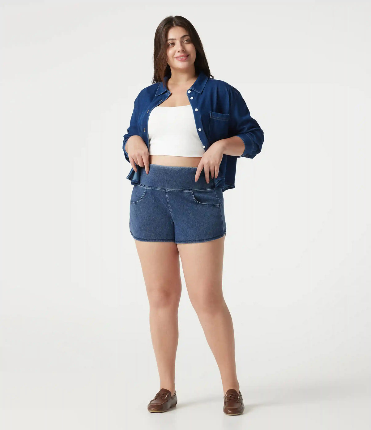 Halara Flex™ Denim Plus Size High Waisted Tummy Control Curved Hem Skinny Casual Shorts with Pockets