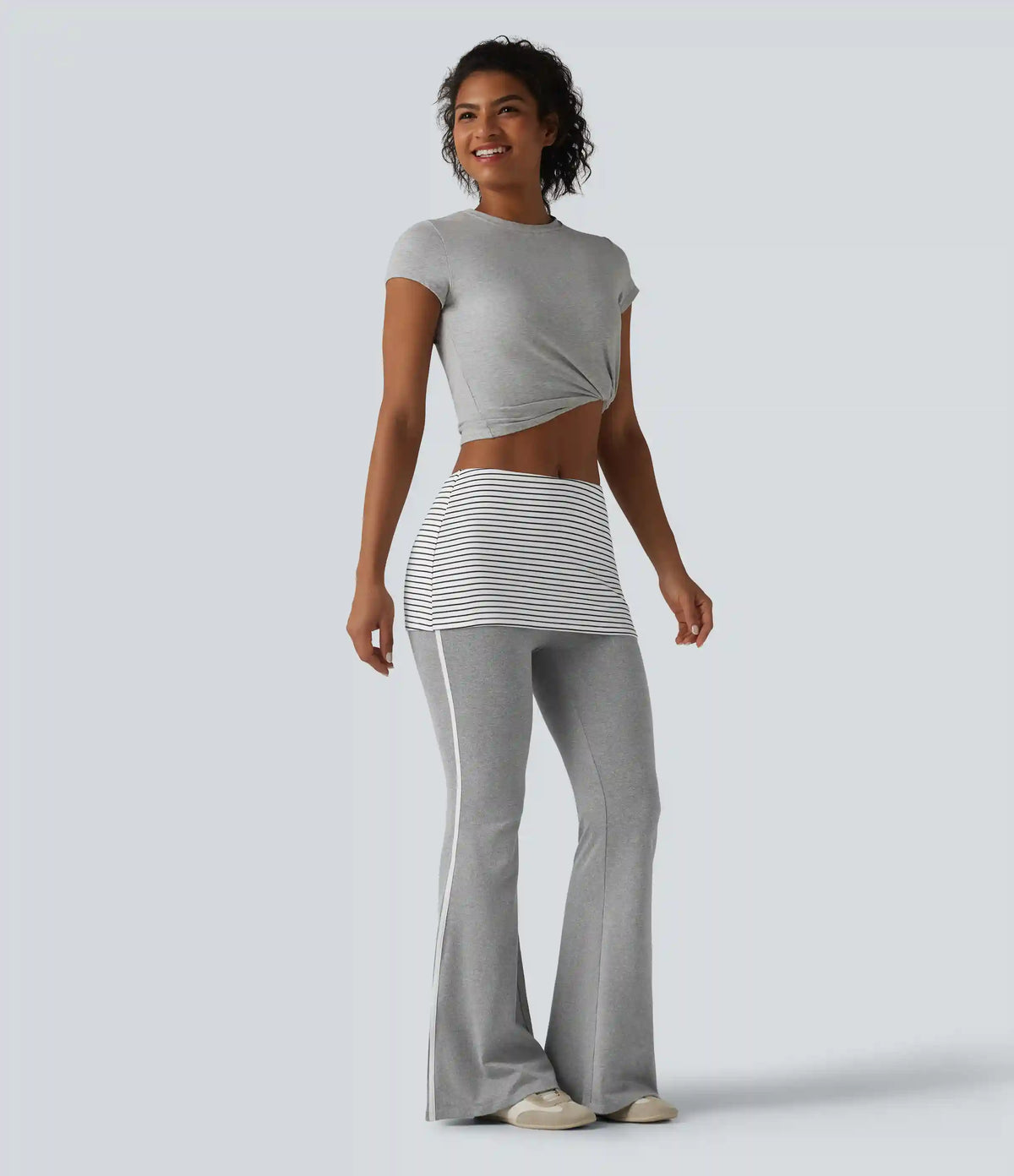 Foldover Mid Rise Stripe Flare Casual Pants
