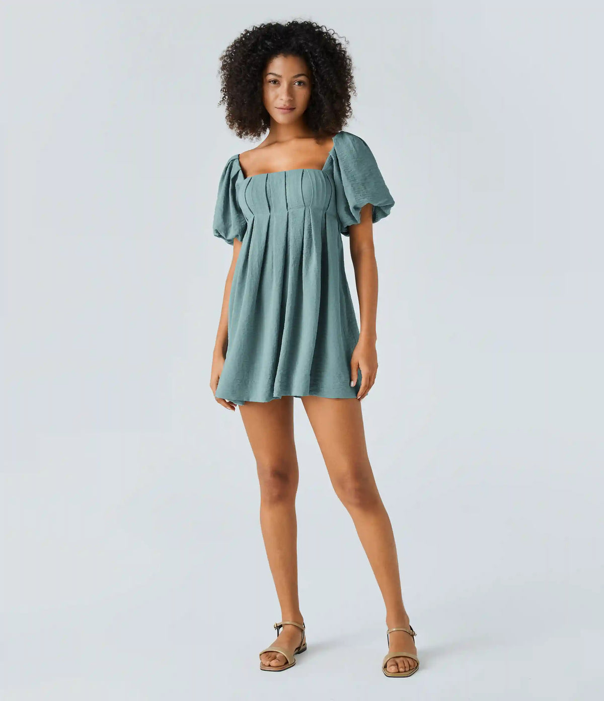 Lace Up Square Neck Puff Sleeve Pocket Casual Linen-Feel Babydoll Dress