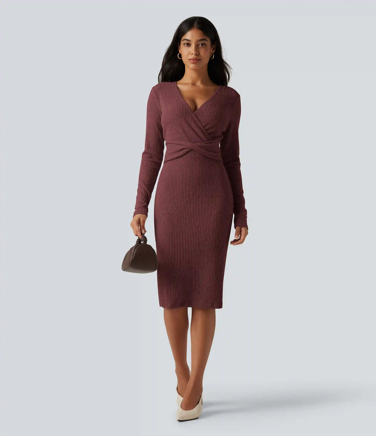 Ribbed Knit V Neck Long Sleeve Bodycon Midi Casual Dress