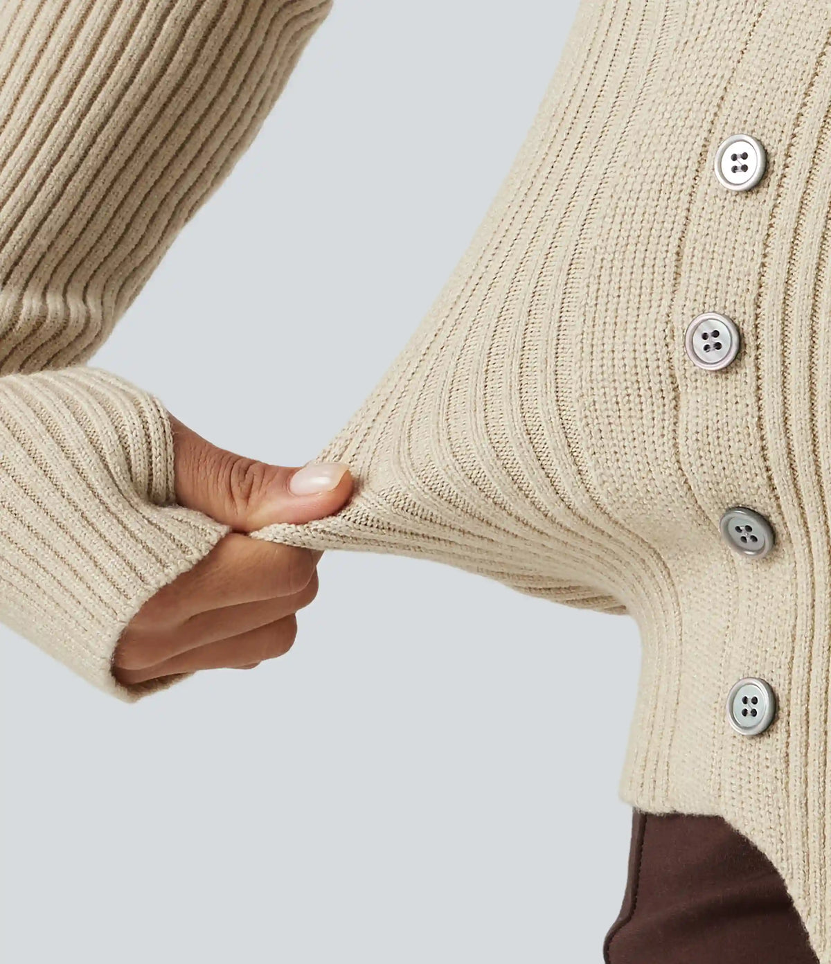 Ribbed Knit High Neck Long Sleeve Thumb Hole Crossover Hem Slim Work Sweater