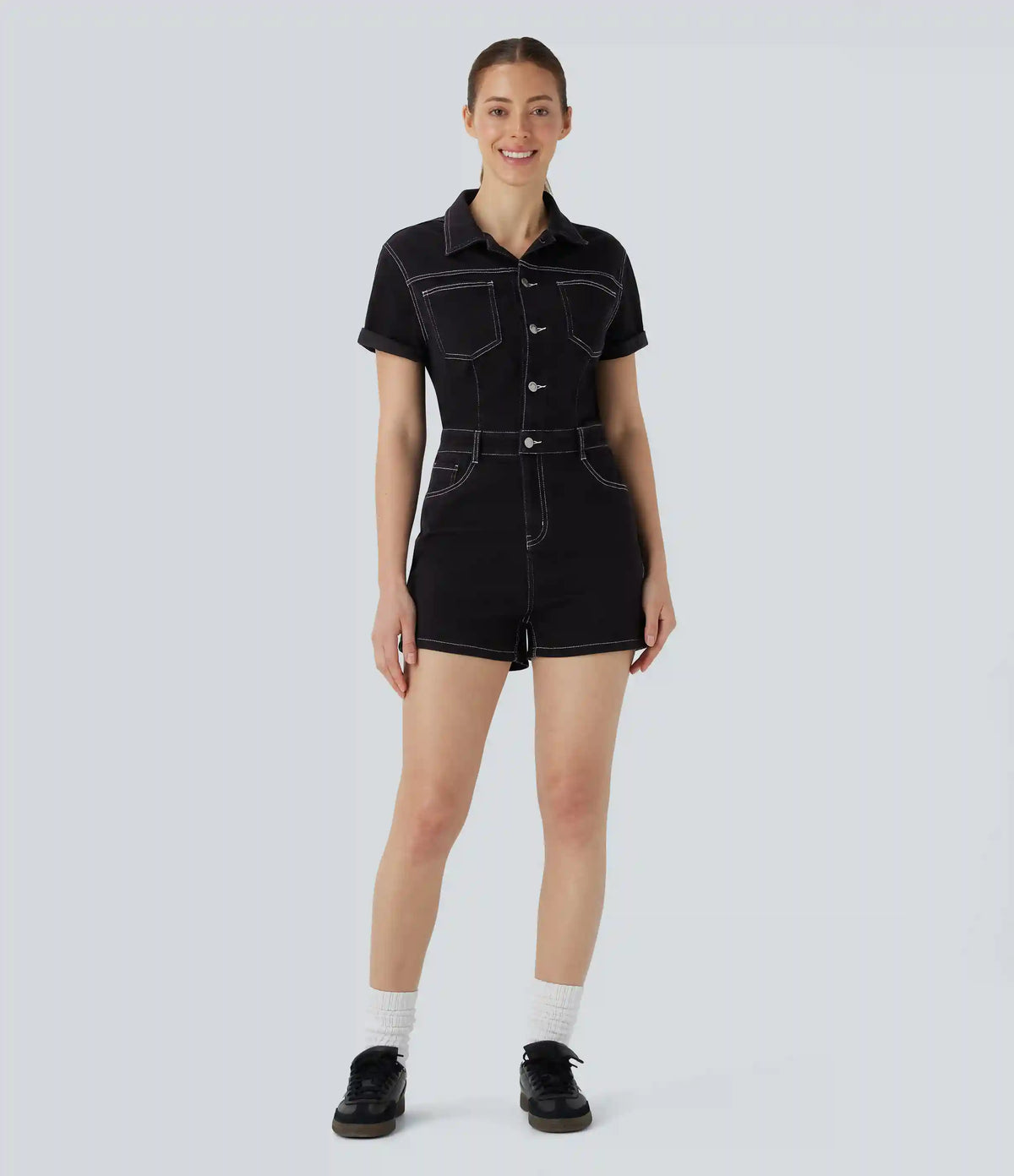 Halara Flex™ Short Sleeve Washed Denim Casual Utility Romper with Pockets