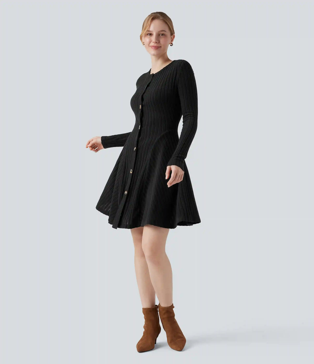 Ribbed Knit Round Neck Long Sleeve Flare Mini Casual Dress