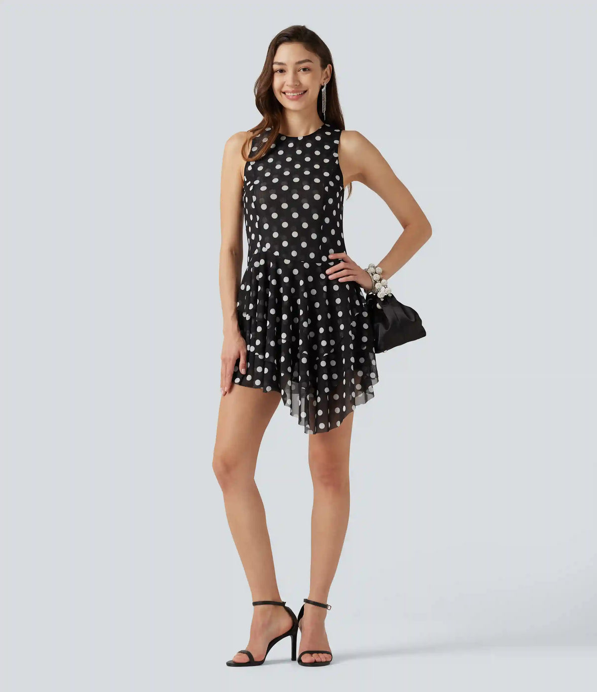 Round Neck Sleeveless Asymmetric Layered 2-Piece Polka Dot Mini Dress with Pocket