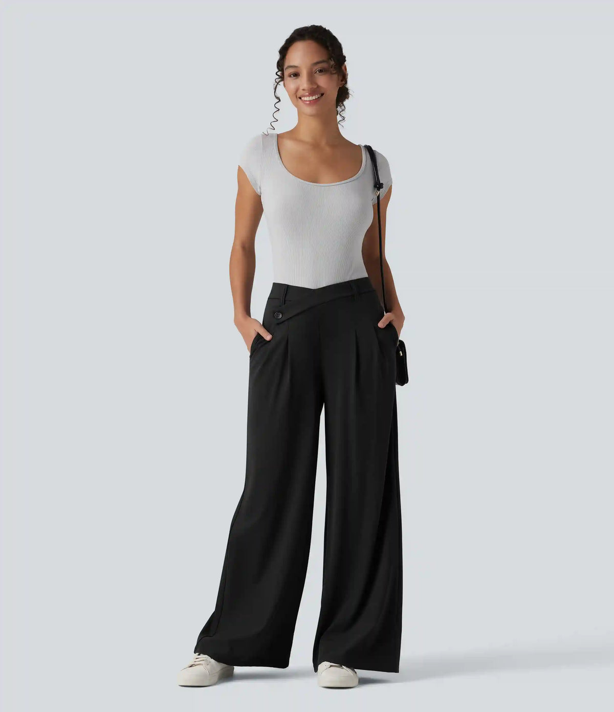 Asymmetric Mid Rise Flare Work Pants with Pockets