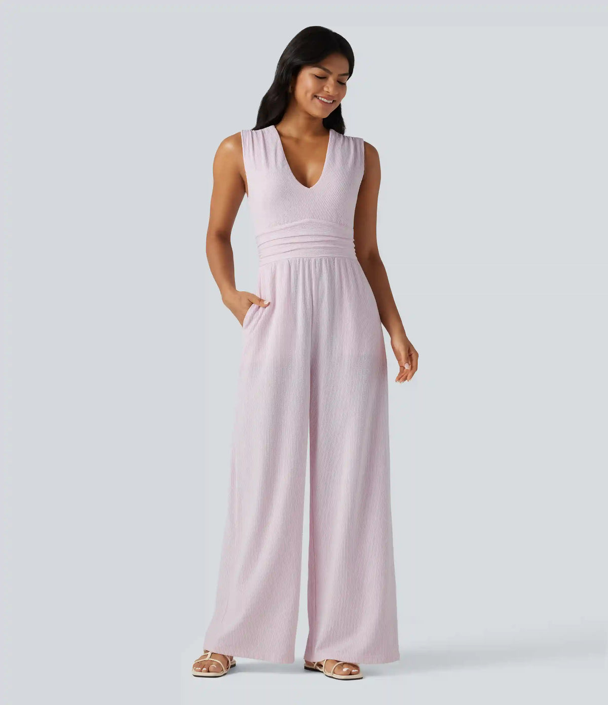 V Neck Sleeveless Built-in Bra Stripe Casual Jumpsuit with Pockets-Easy Peezy Edition