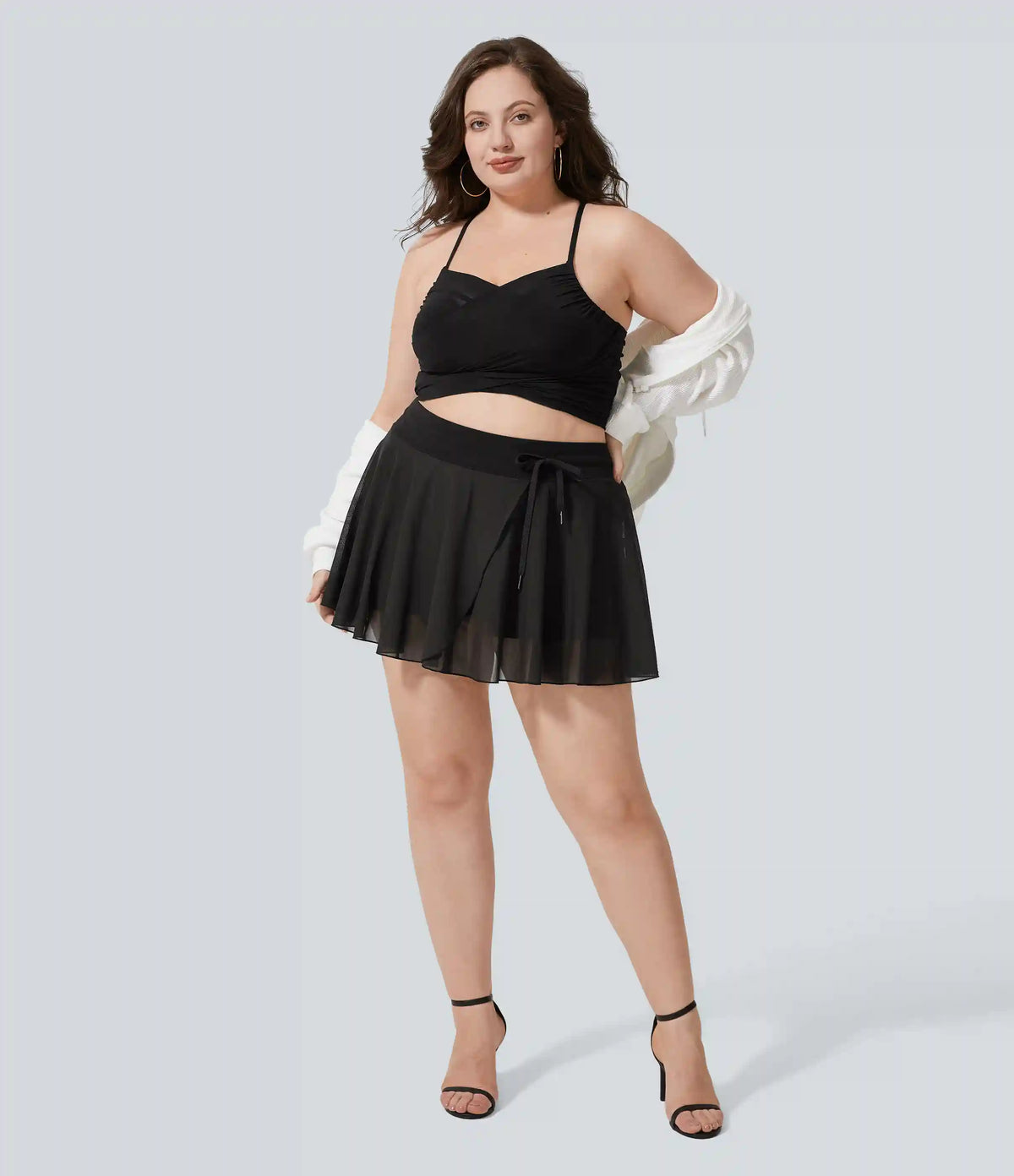 High Waisted Drawstring Contrast Mesh 2-in-1 Pocket Flowy Mini Flare Casual Plus Size Skirt