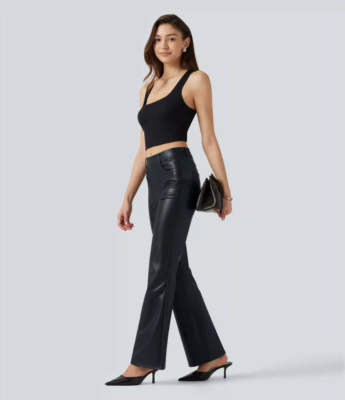 Mid Rise Stretchy PU Bootcut Casual Pants with Pockets