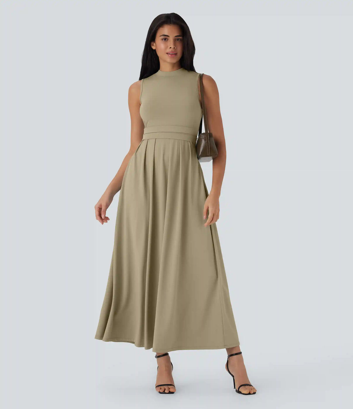 Stand Collar Sleeveless Flare Maxi Casual Dress with Pockets