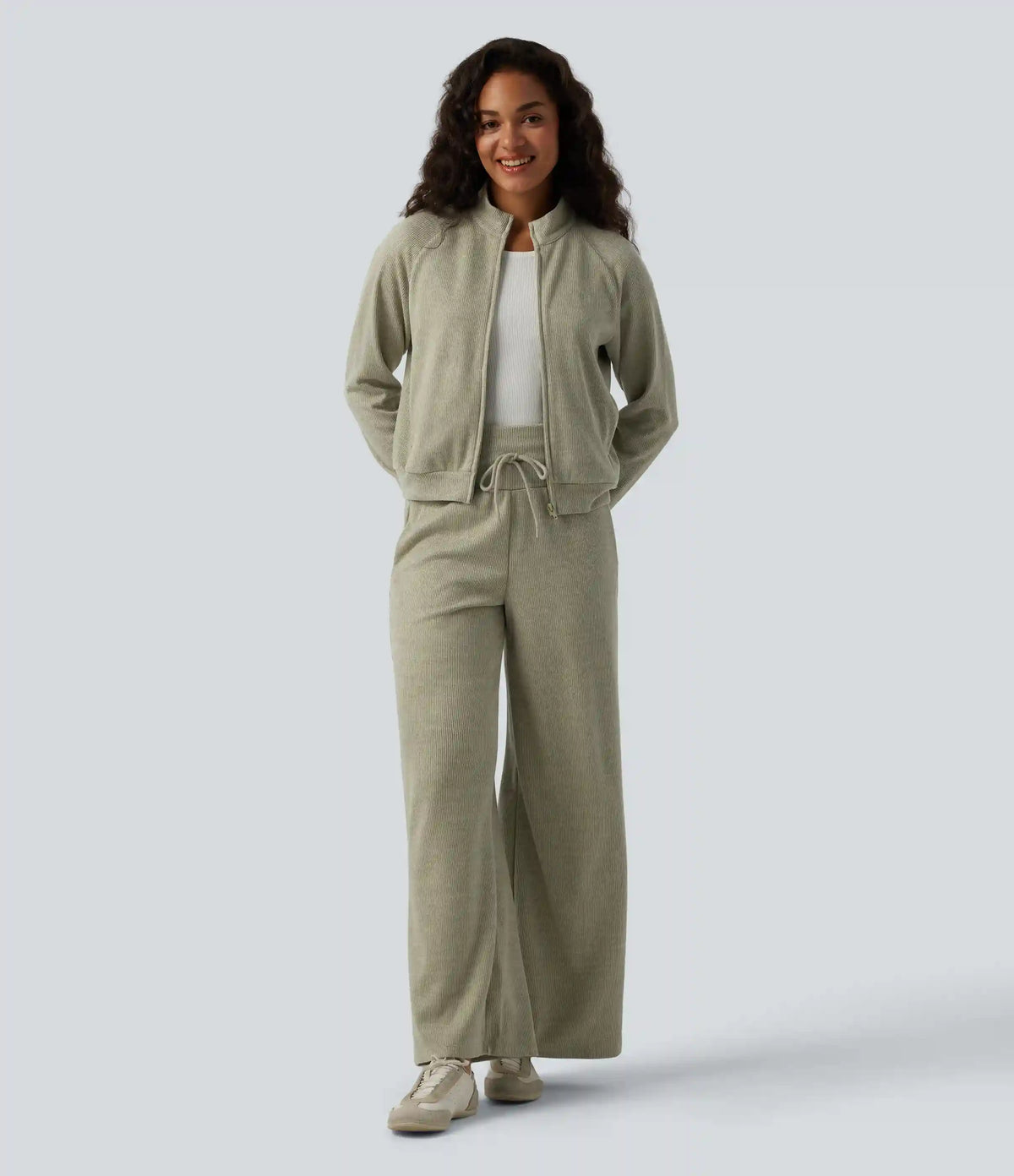 Ribbed Stand Collar Long Sleeve Zipper Casual Jacket with Pockets