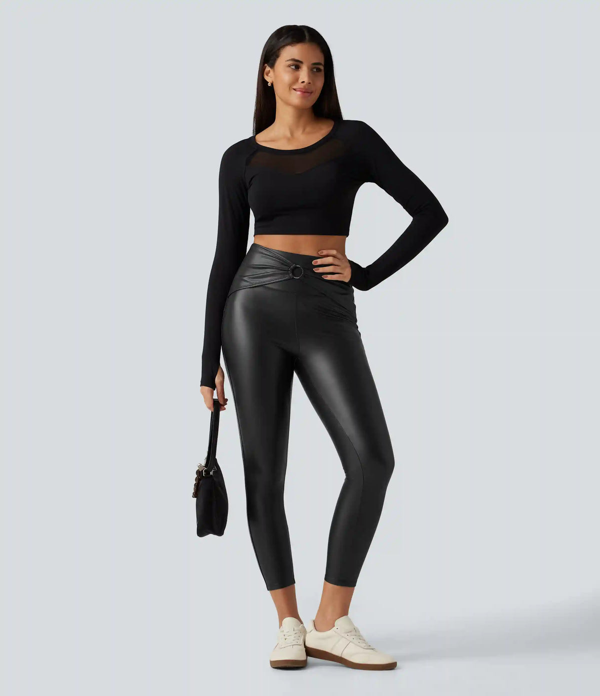High Waisted Ruched Stretchy PU Fleece Yoga Leggings with Pockets