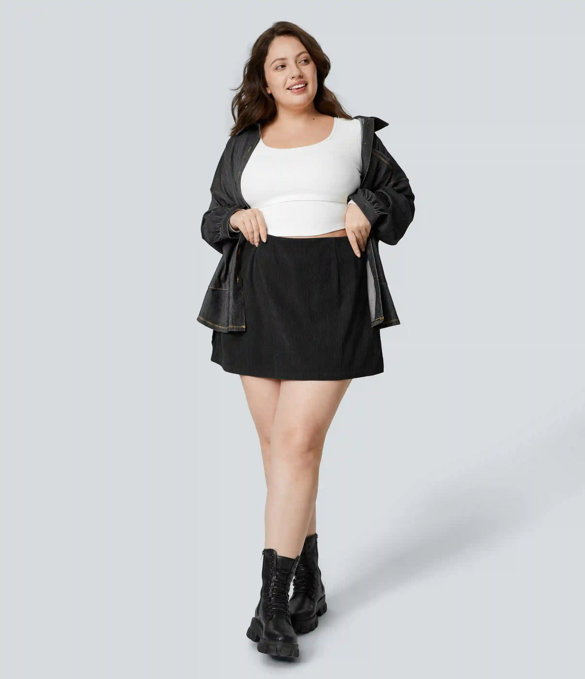 High Waisted 2-in-1 A Line Mini Corduroy Casual Plus Size Skirt