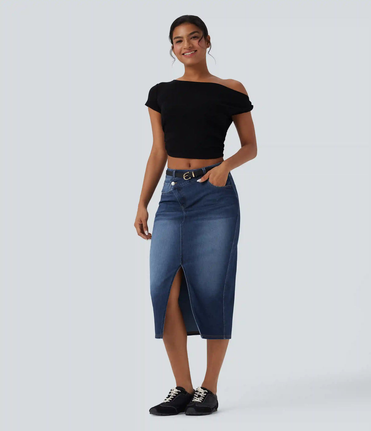 Halara Flex™ Asymmetric Mid Rise Split Bodycon Denim Casual Skirt with Pockets