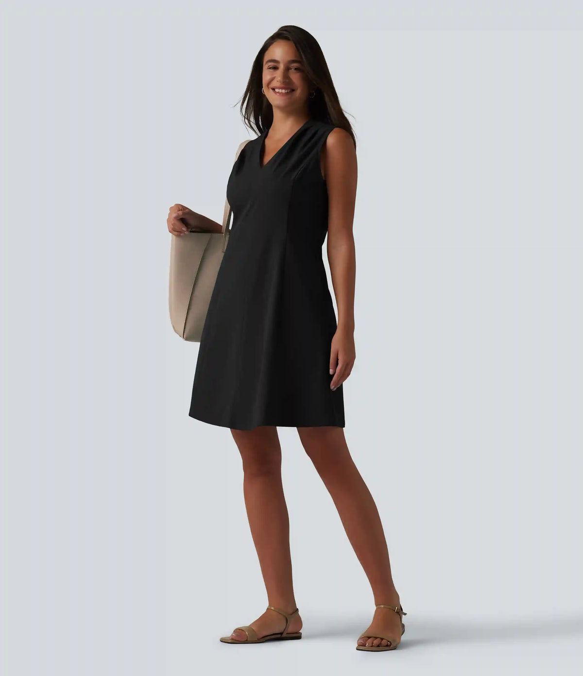 V-neck Sleeveless Pleated Invisible Zipper Mini A-line Stretchy Poplin Work Dress with Pockets