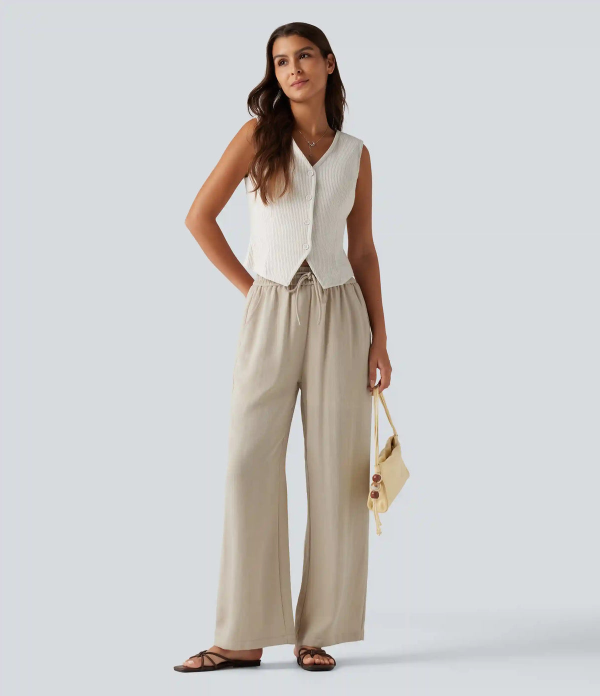 High Waisted Drawstring Wide Leg 2-in-1 Linen-Feel Casual Pants with Pockets