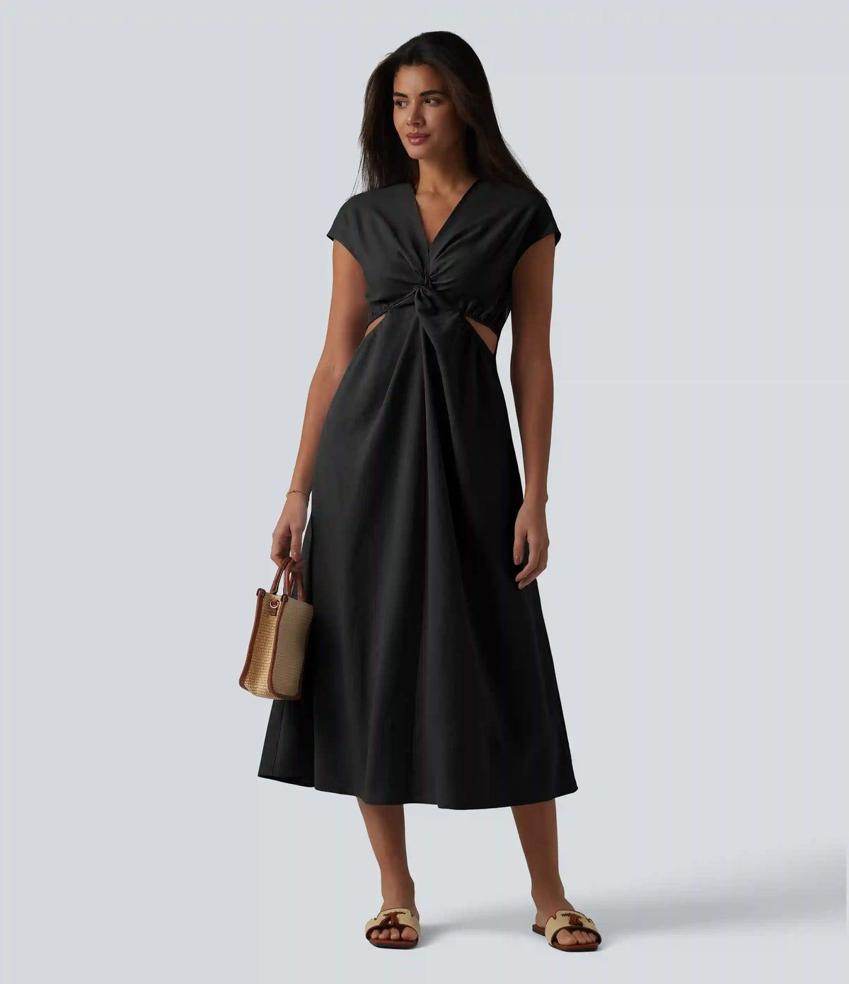 V-neck Short Sleeve Twisted Cut-out Invisible Zipper Midi Resort Dress with Pockets