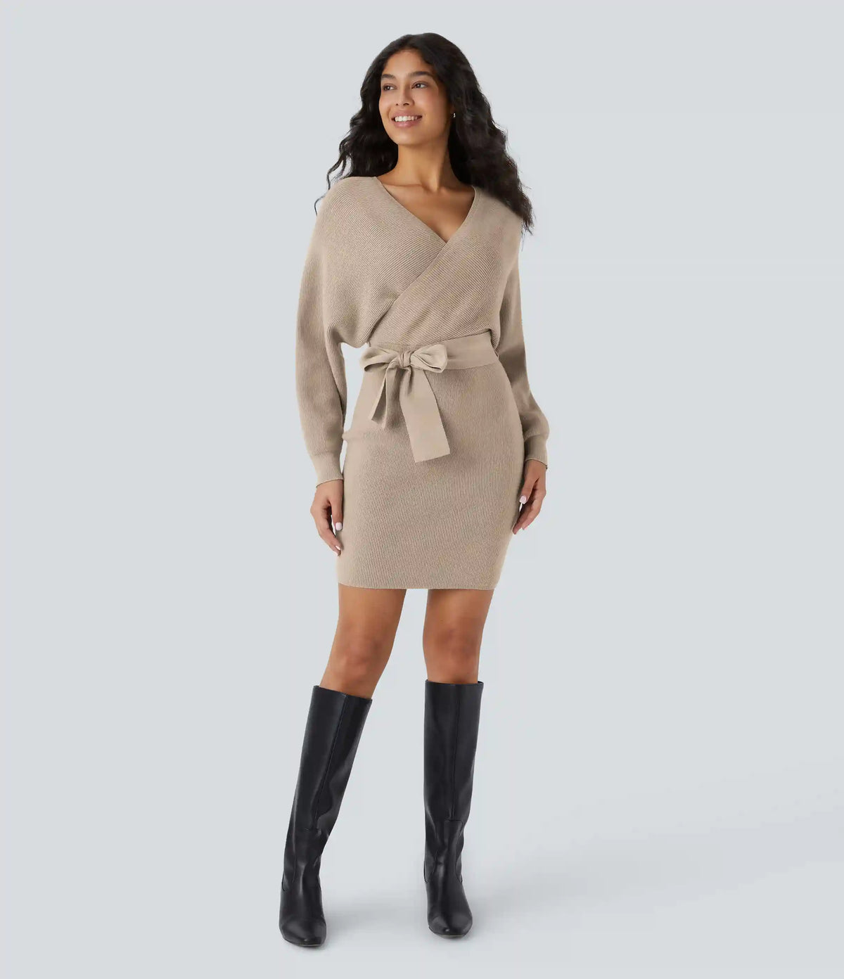 Crossover V Neck Batwing Long Sleeve Belted Mini Casual Sweater Dress