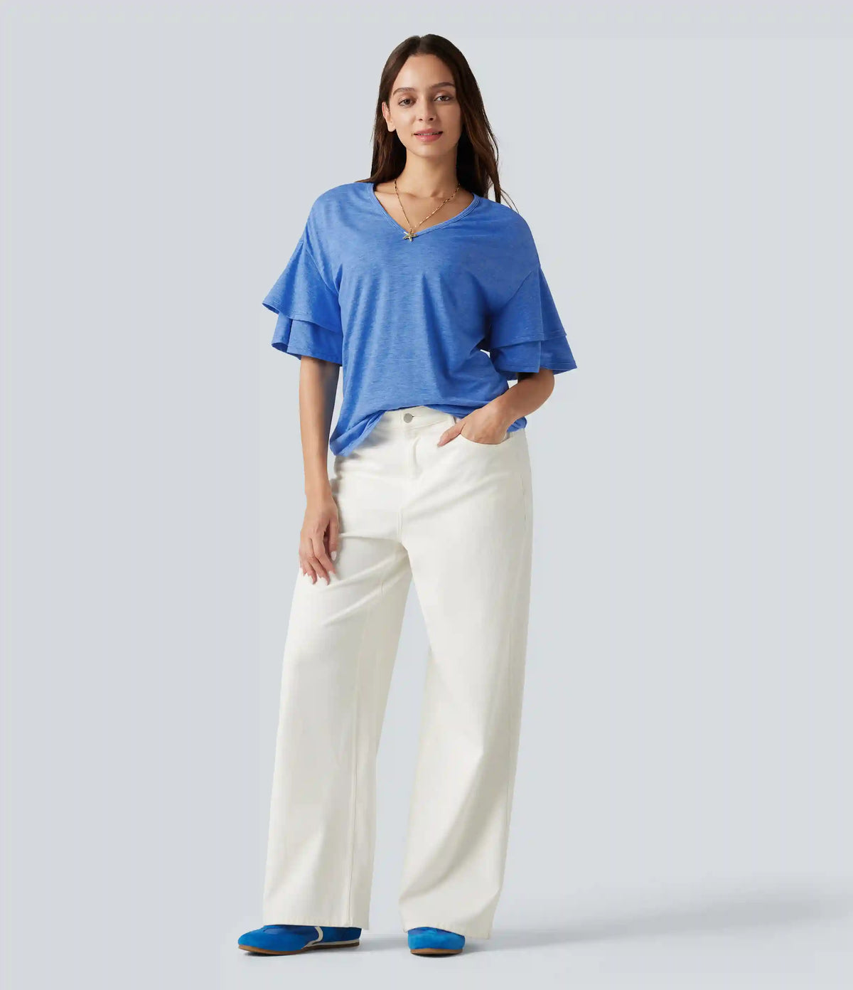 V-neck Flounce Sleeve Casual Top