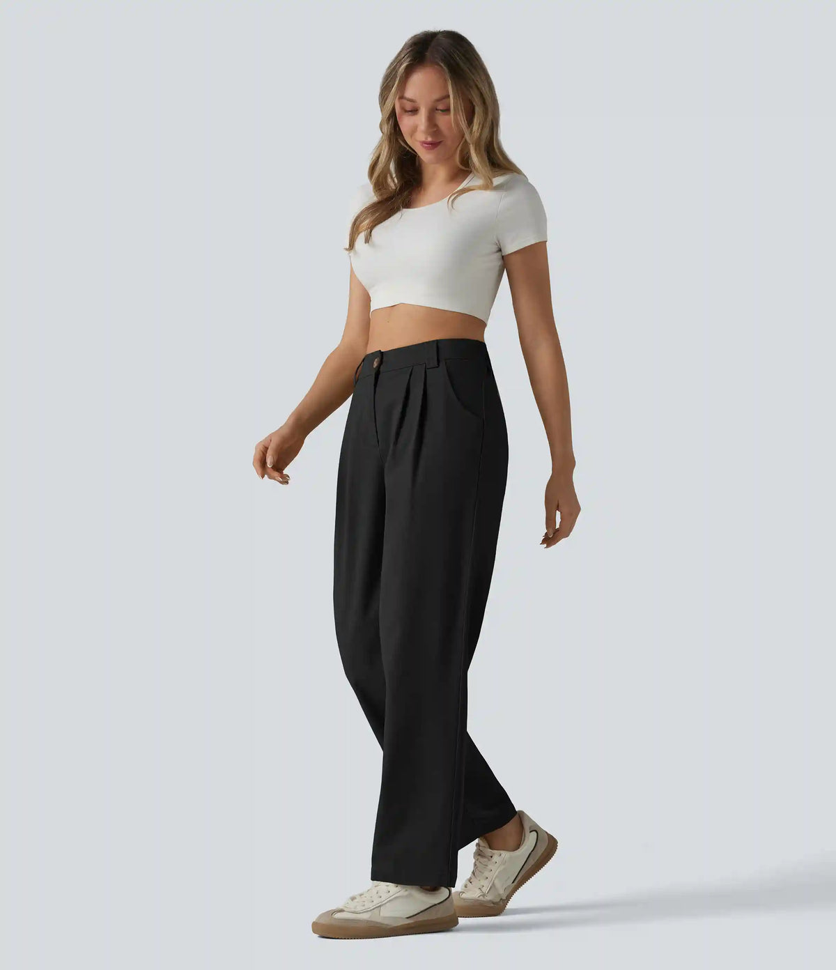 High Waisted Pleated Straight Leg Casual Chino Cotton Pants with Pockets