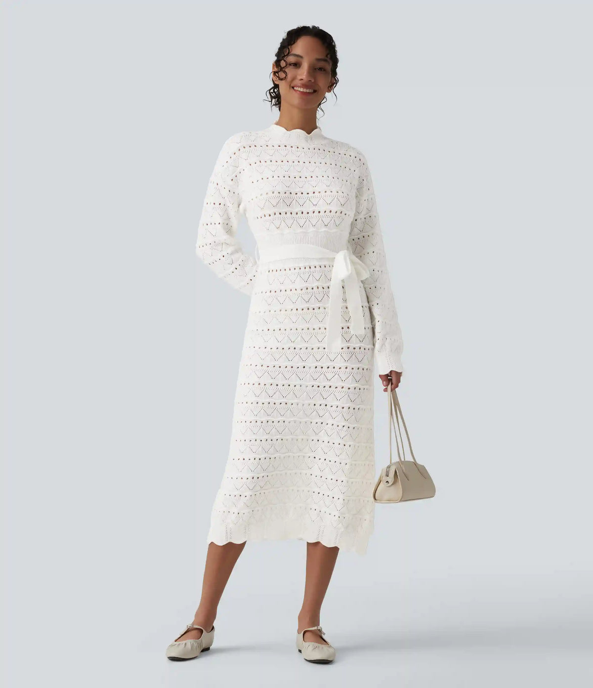 Long Sleeve Belted Midi Casual Sweater Dress
