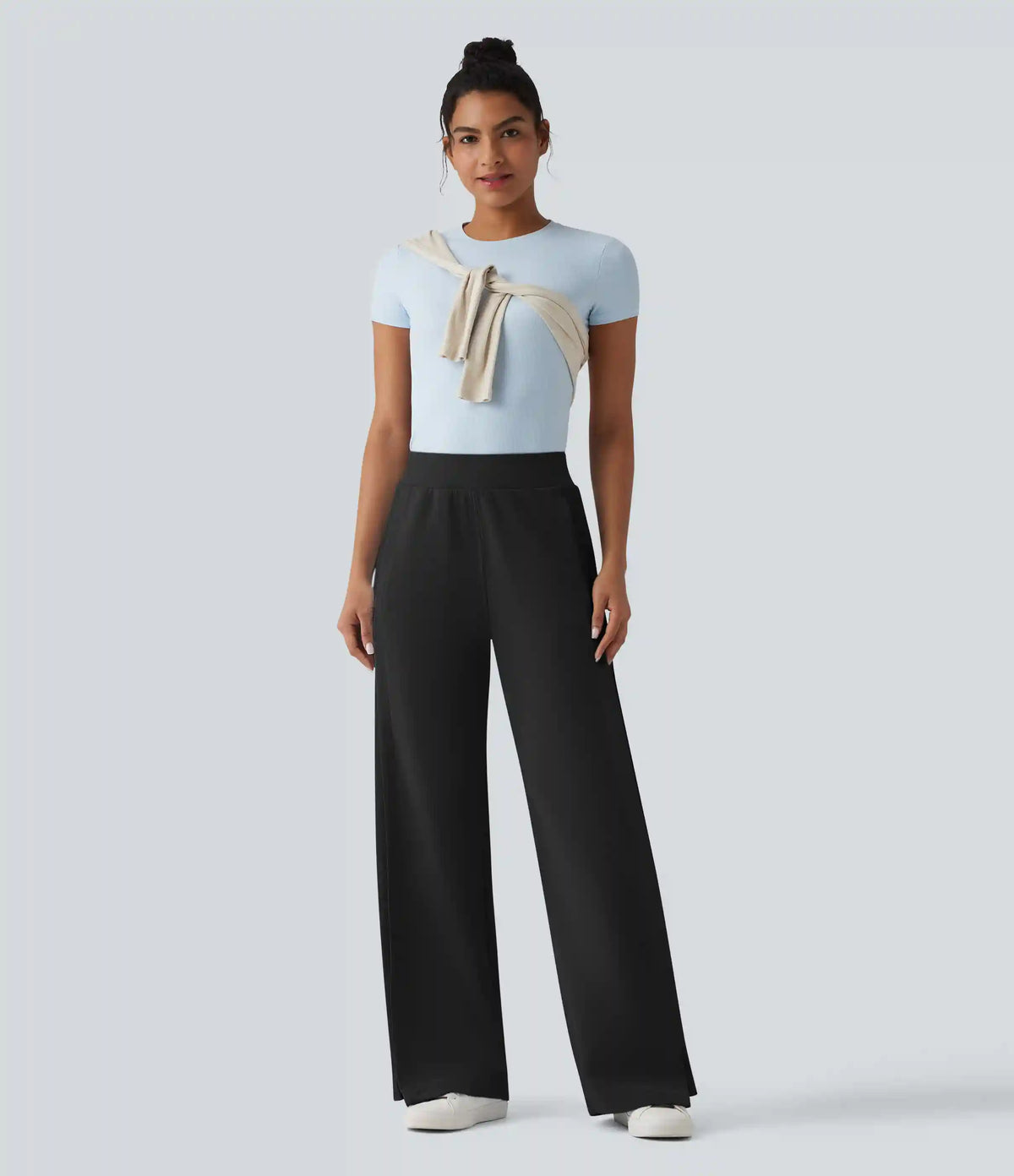 SpacerTek™ High Waisted Inner Drawstring Contrast Ribbed Split Casual Wide Leg Pants with Pockets