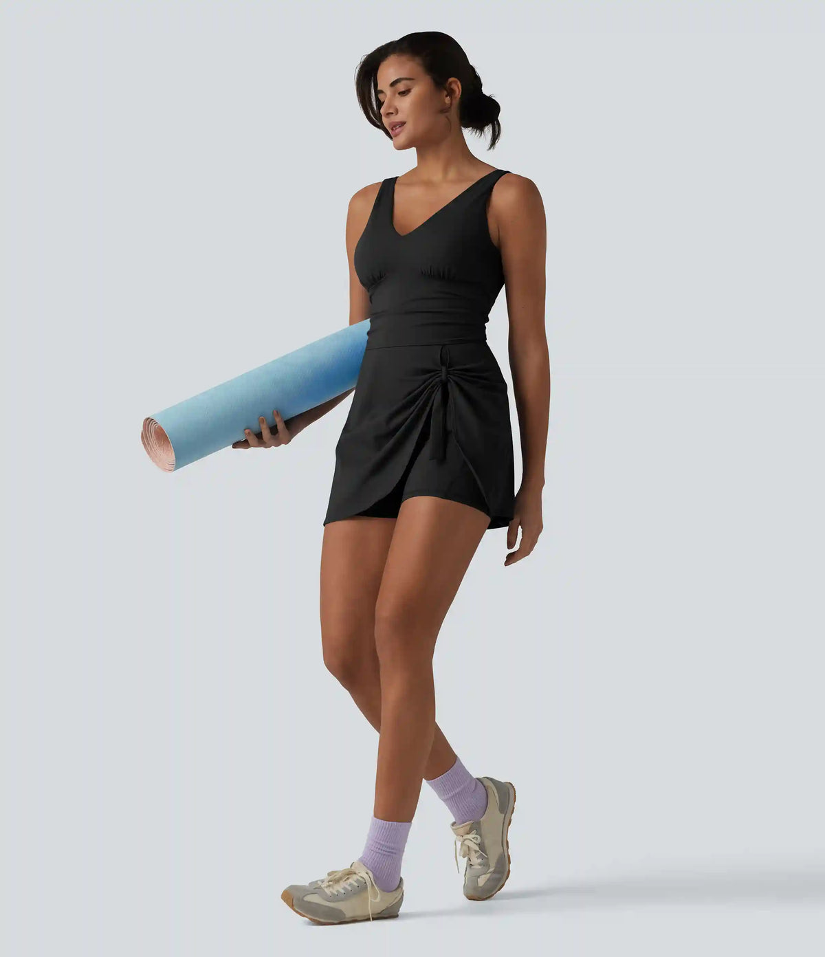 SoftlyZero™ Plush V Neck Built-in Bra Tie Side 2-in-1 Mini Yoga Active Dress with Pockets-Easy Peezy Edition