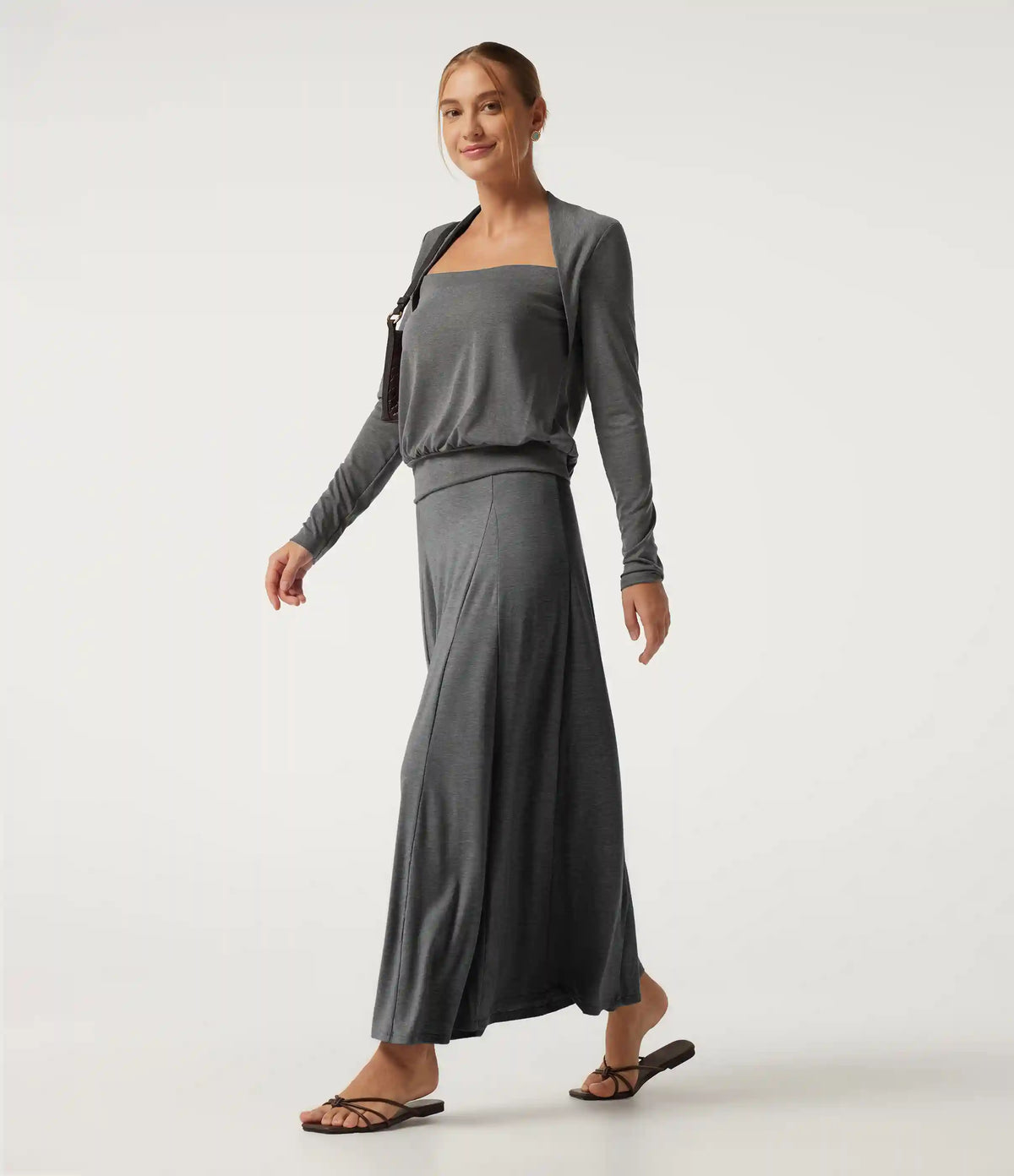 Square Neck Long Sleeve Heathered Casual Top