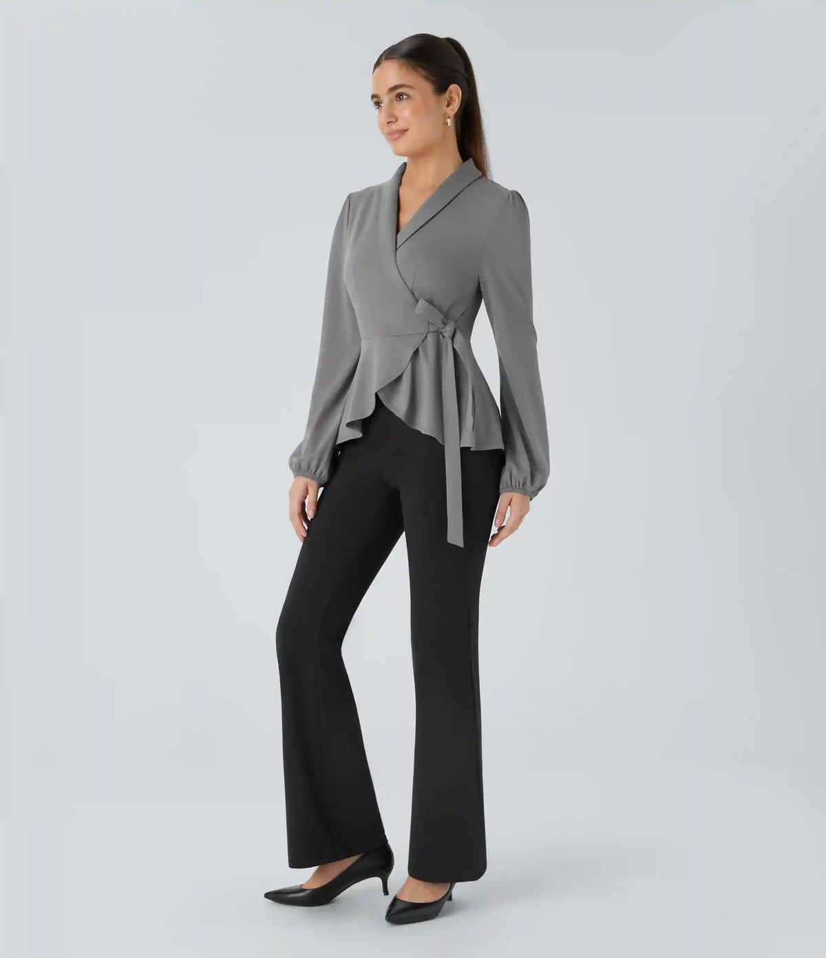 Shawl Collar Wrapped Tie Side Ruffle Hem Work Blouse