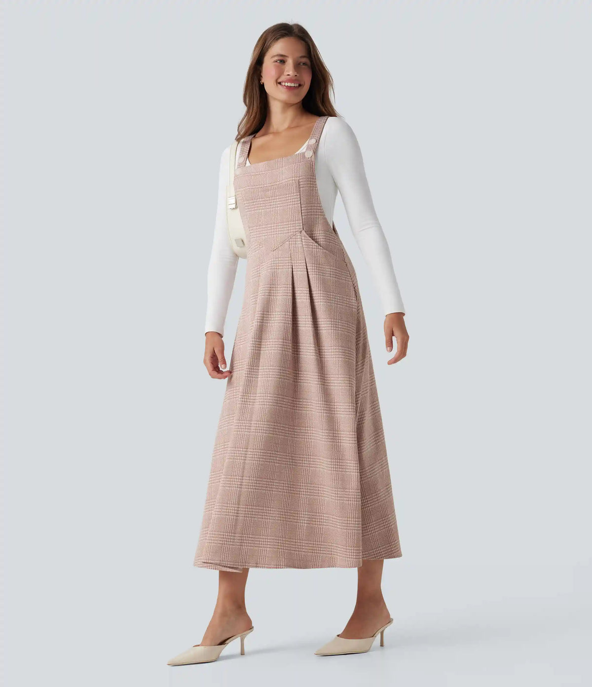 Houndstooth Plaid Midi Work Jumper Dress with Pockets