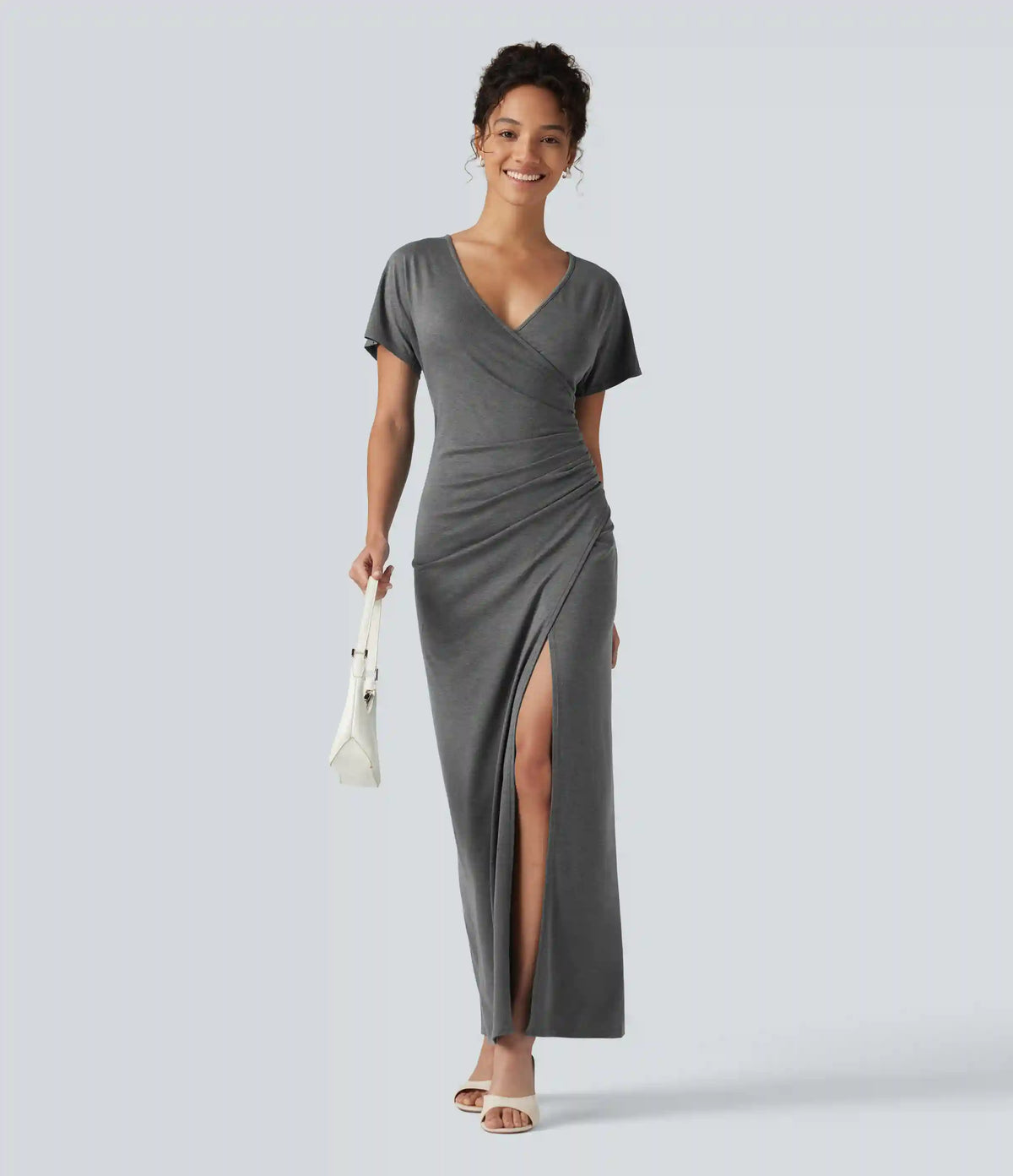 V-neck Batwing Sleeve Ruched Split Maxi Casual Bodycon Dress