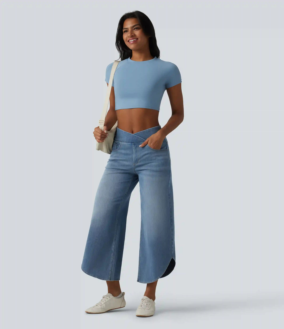 Halara Flex™ Crossover Mid Rise Curved Hem Casual Baggy Jeans with Pockets