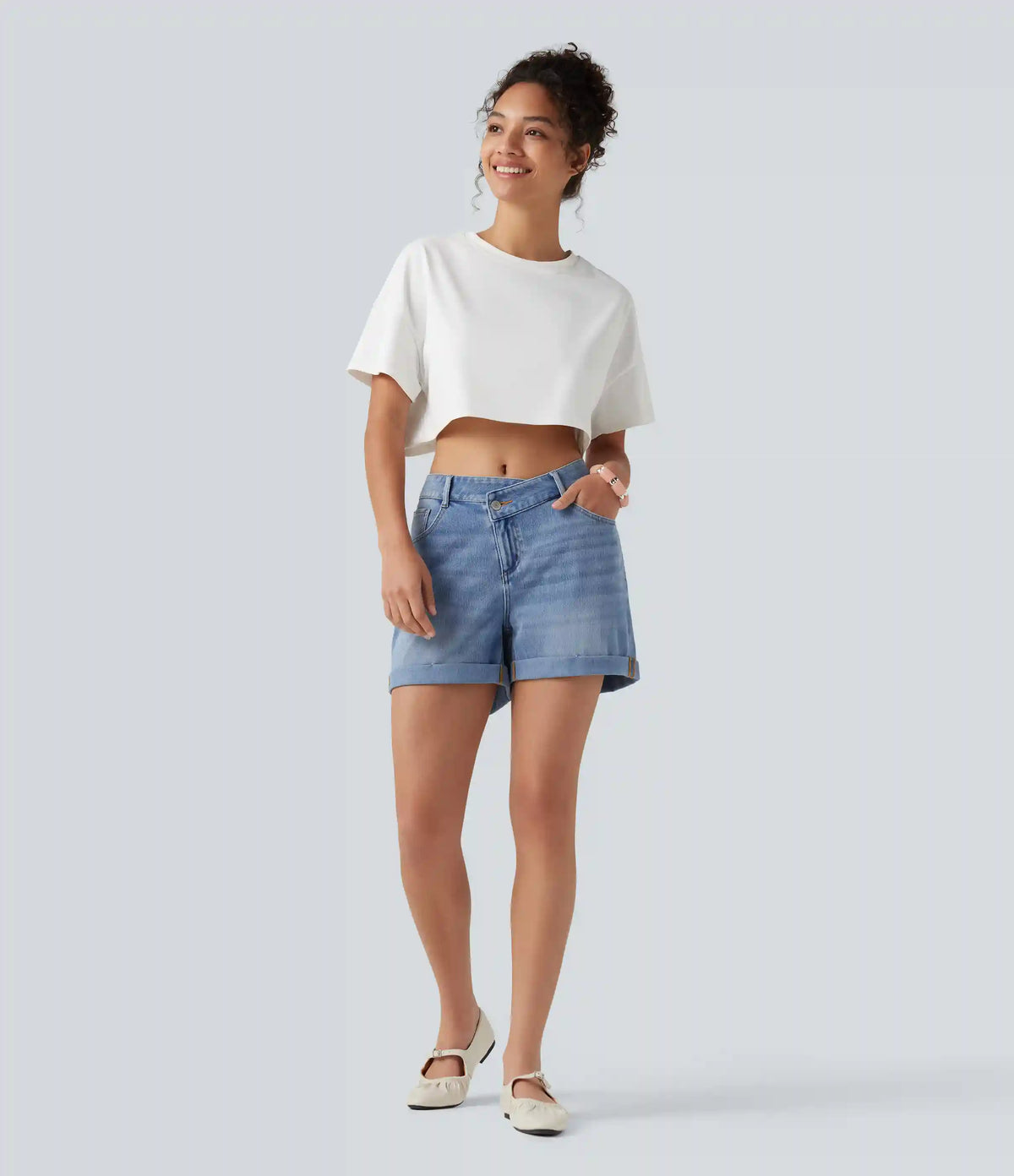 Halara Flex™ Asymmetric High Waisted Rolled Hem Washed Denim Casual Shorts with Pockets