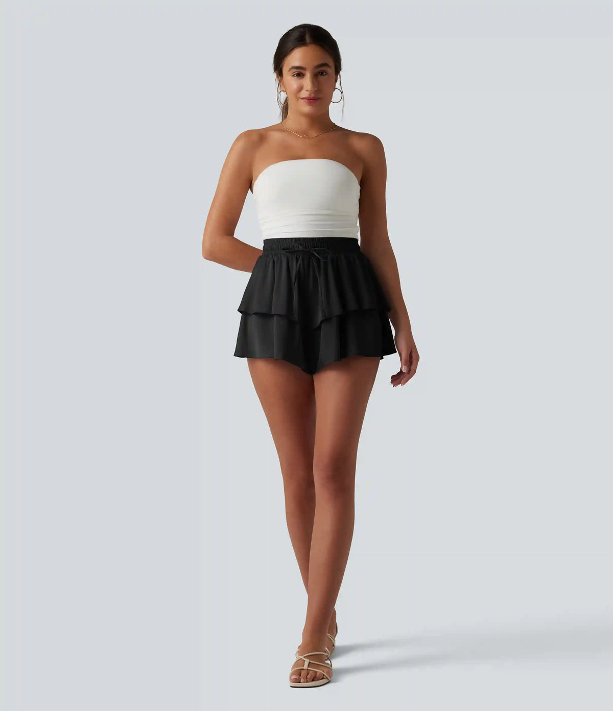 Mid Rise Drawstring Layered Ruffle Hem Satin Casual Shorts